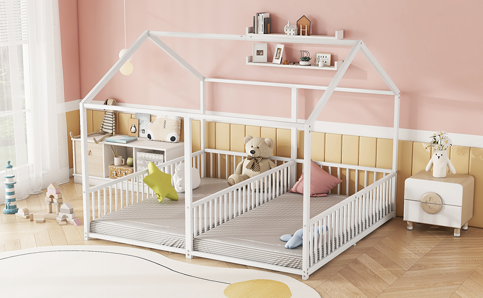 Lit jumeaux enfant en fer 2×90×200 cm en forme de maison, barrières sécurité, pour famille avec 2 enfants, design créatif, indépendance de couchage, stabilité, sécurité, style ludique, décoration - image 16