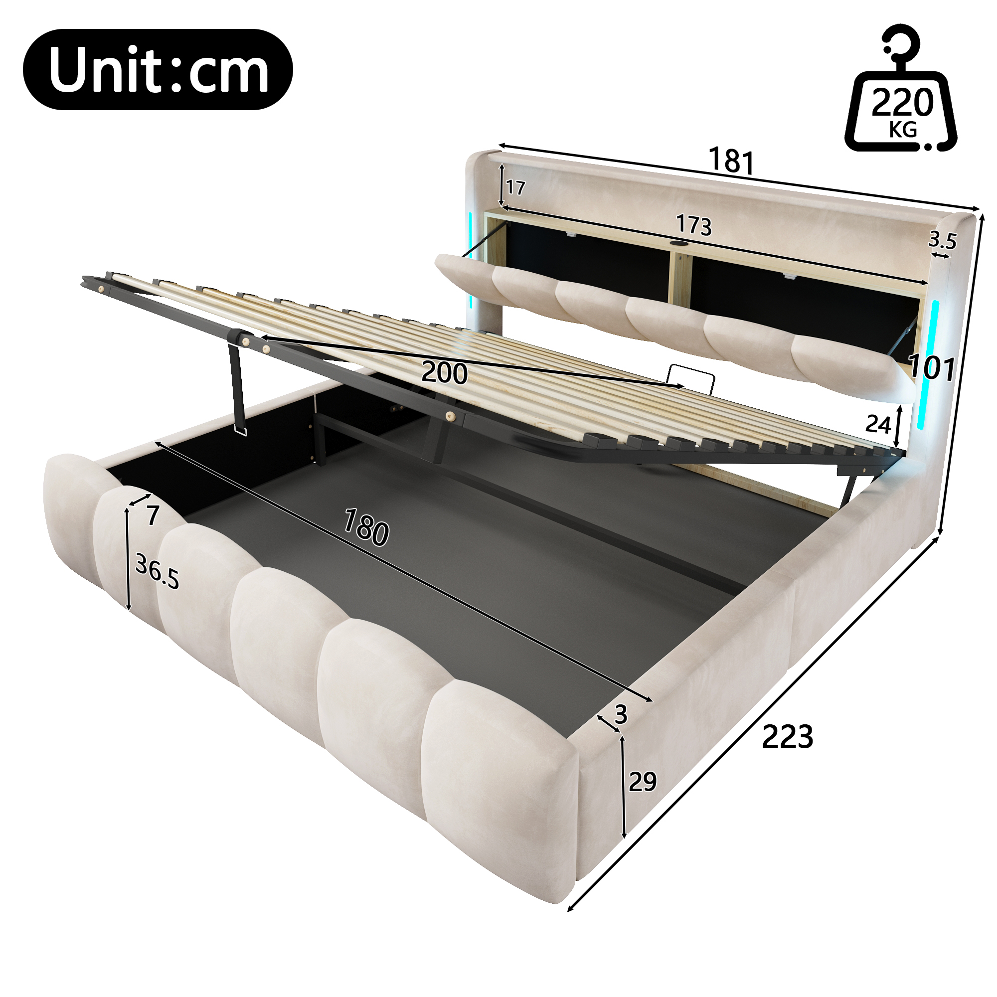 Dimensions et fonctions de Lit coffre rembourré en velours 180 x 200 cm avec rangement hydraulique, LED, ports USB-C et tête de lit avec rangement, Beige, sans matelas