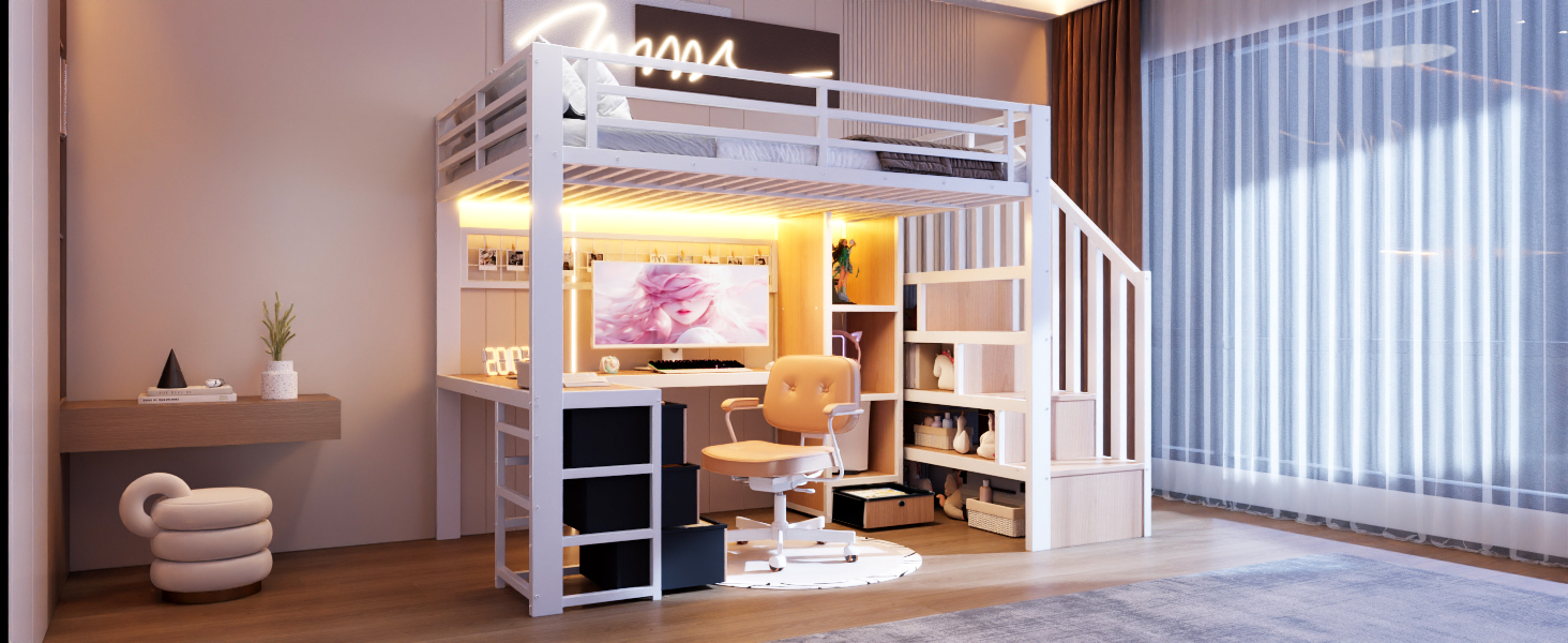 Lit mezzanine enfant avec bureau et LED RGB