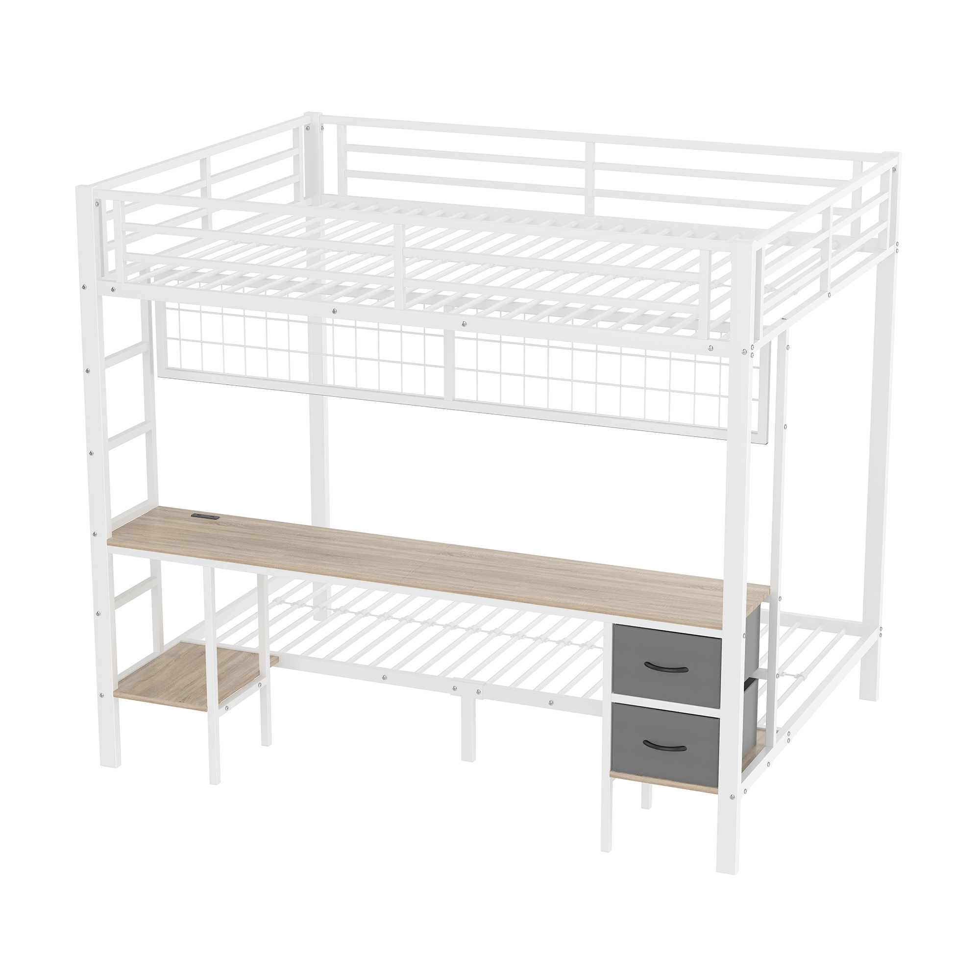 Lit mezzanine fer avec tiroirs, étagères étagées, grille suspendue, pour chambre d'enfant et étude, structure stable, beaucoup de rangement, organisation personnalisée, design fonctionnel, sécurité, durabilité - image 16