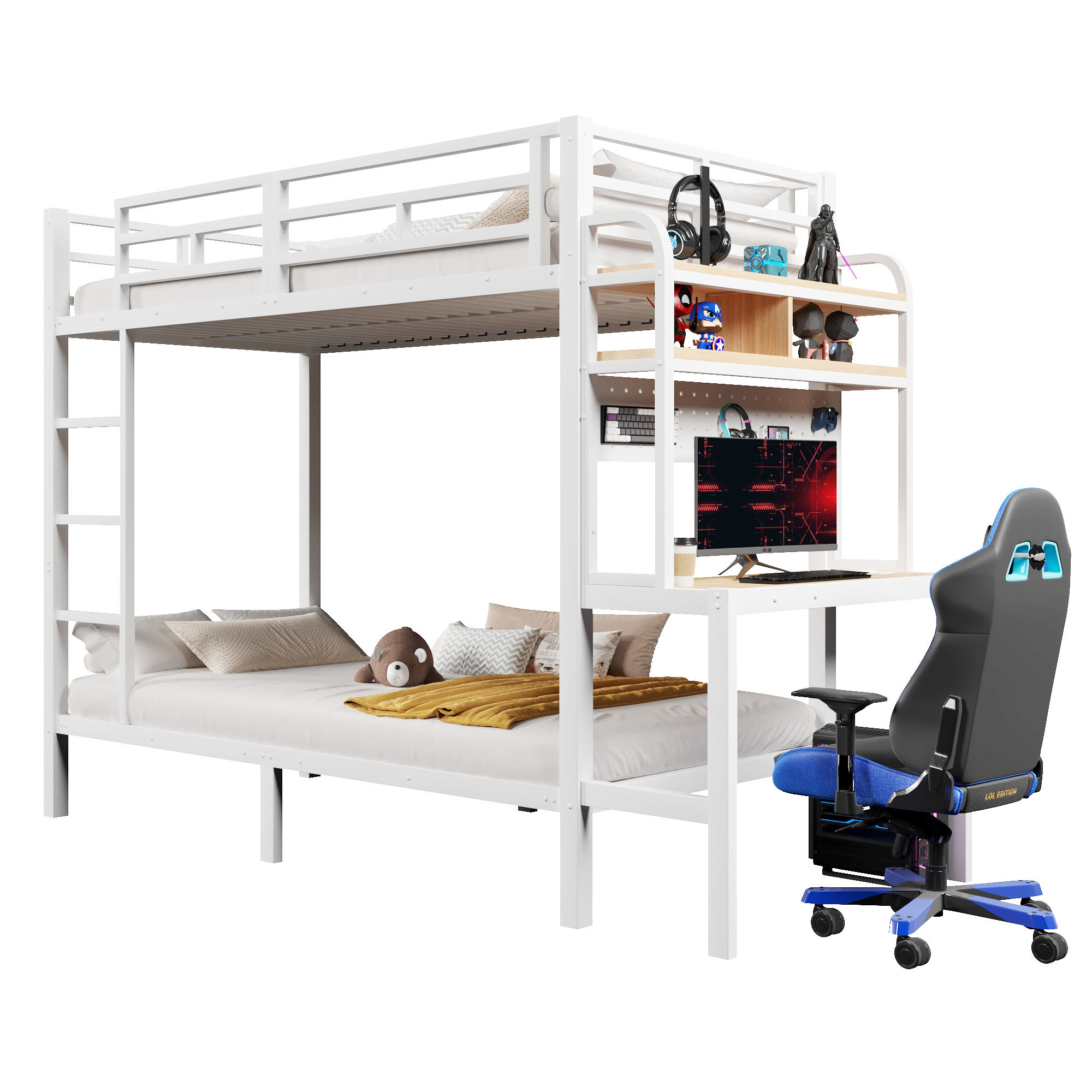 Lit superposé 90 x 200 cm avec éclairage LED, port USB / Type-C, rangements intégrés, bureau intégré, blanc - points forts 1