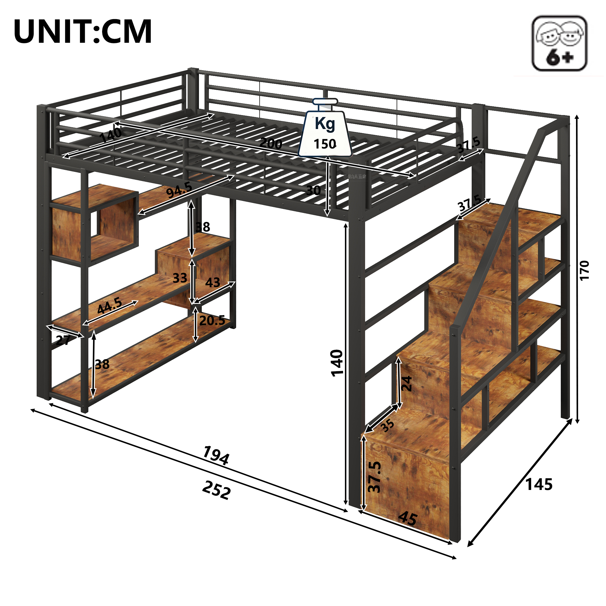 Lit mezzanine 140 x 200 cm avec éclairage LED, rangements intégrés, noir - vue complémentaire 1