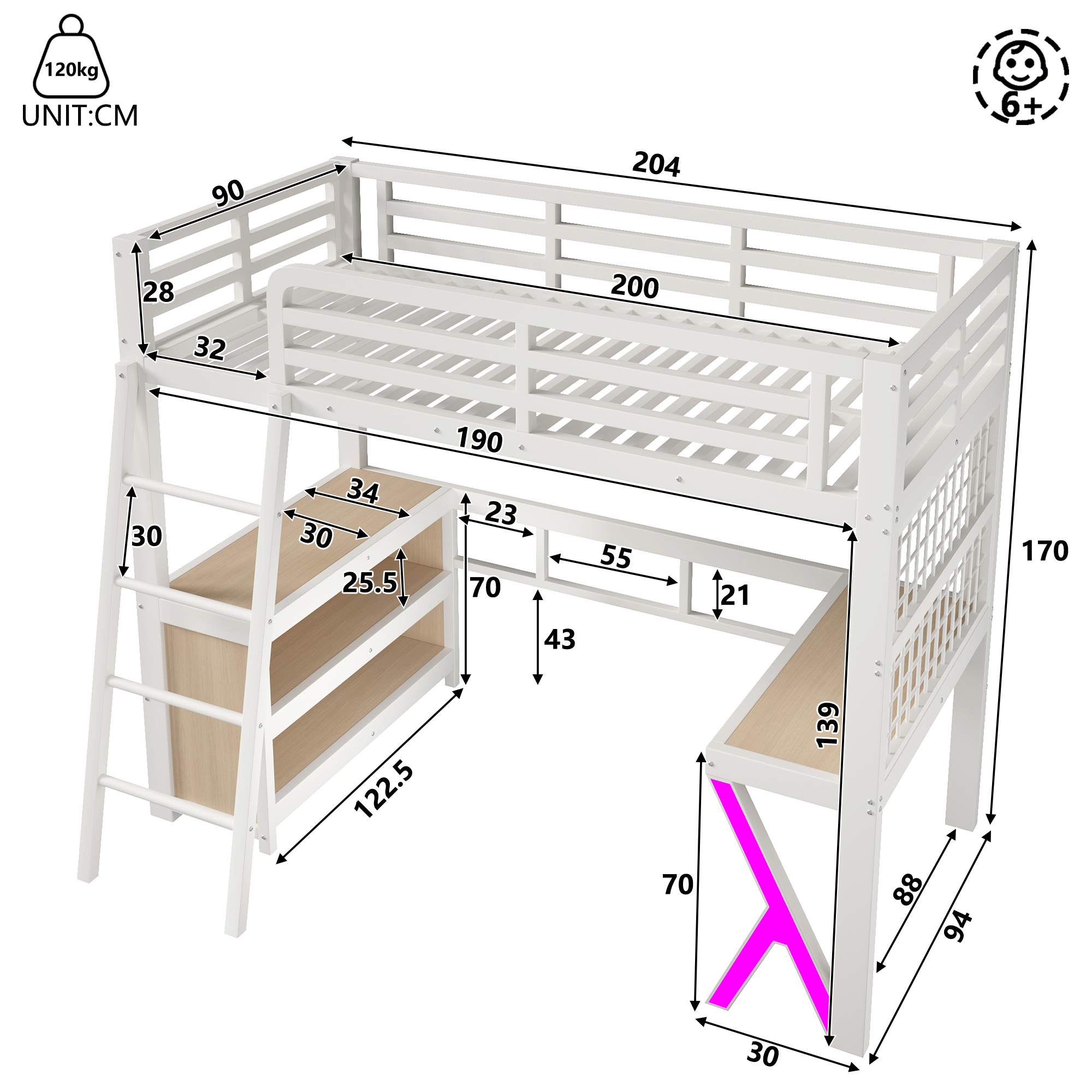 Détails du lit mezzanine blanc 90 x 200 cm avec bureau et rangements