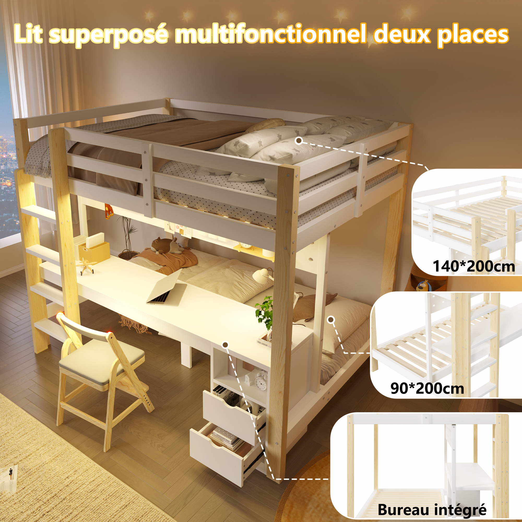 Lit mezzanine 90x200 et 140x200 cm avec rangement, tiroirs, bureau, LED pin, MDF blanc - vue complémentaire 1