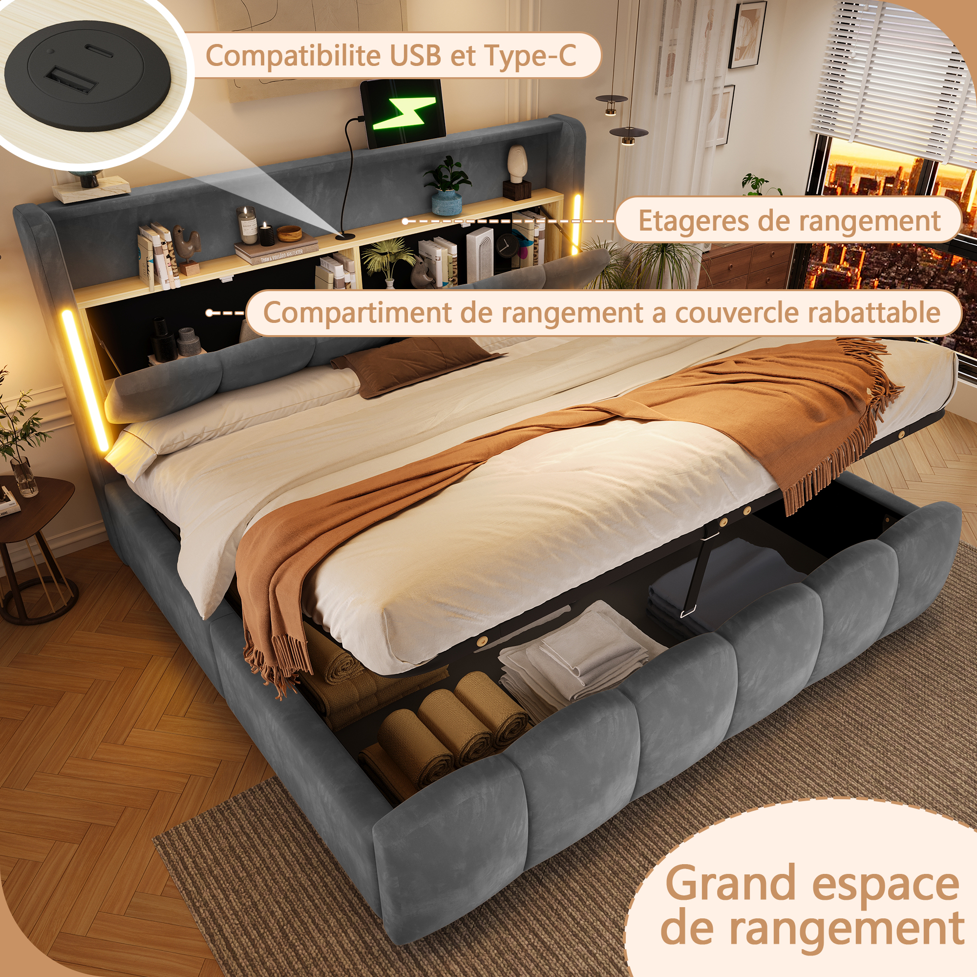 Ports USB et Type-C intégrés au lit coffre