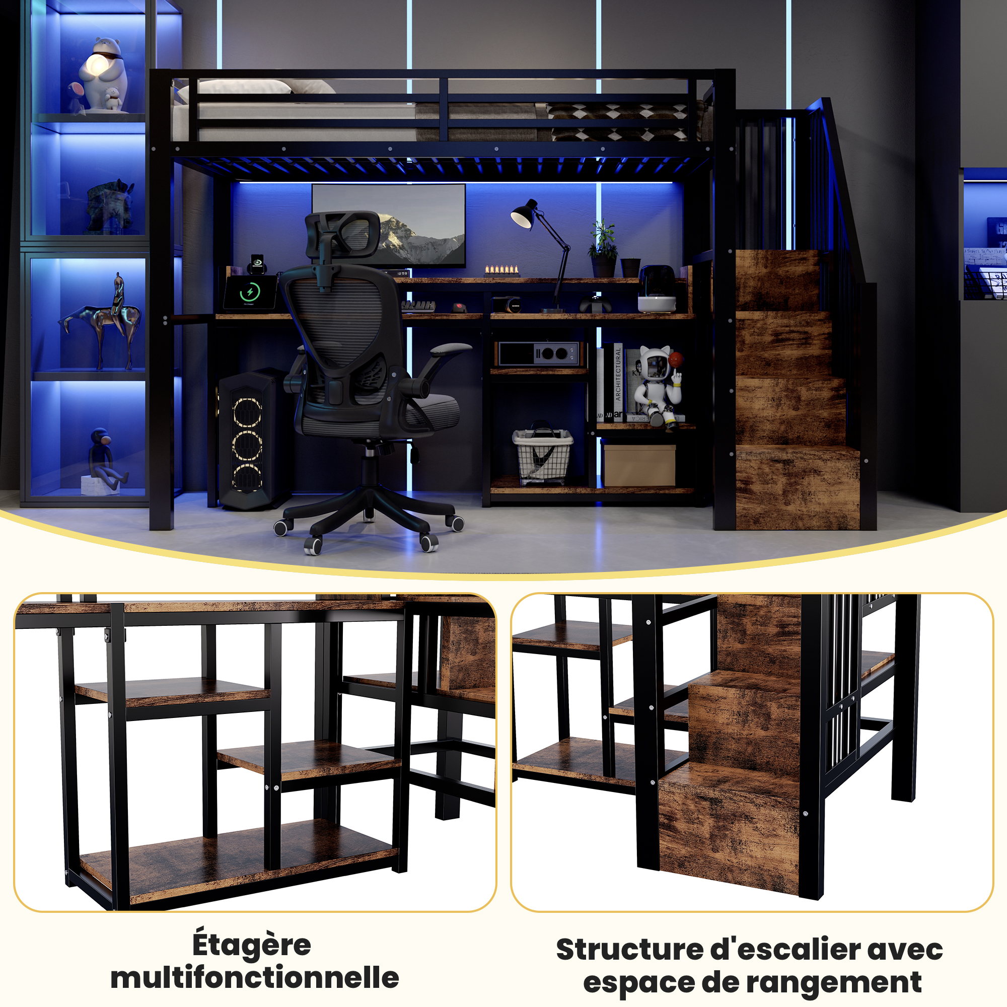 Présentation lit mezzanine noir avec LED USB