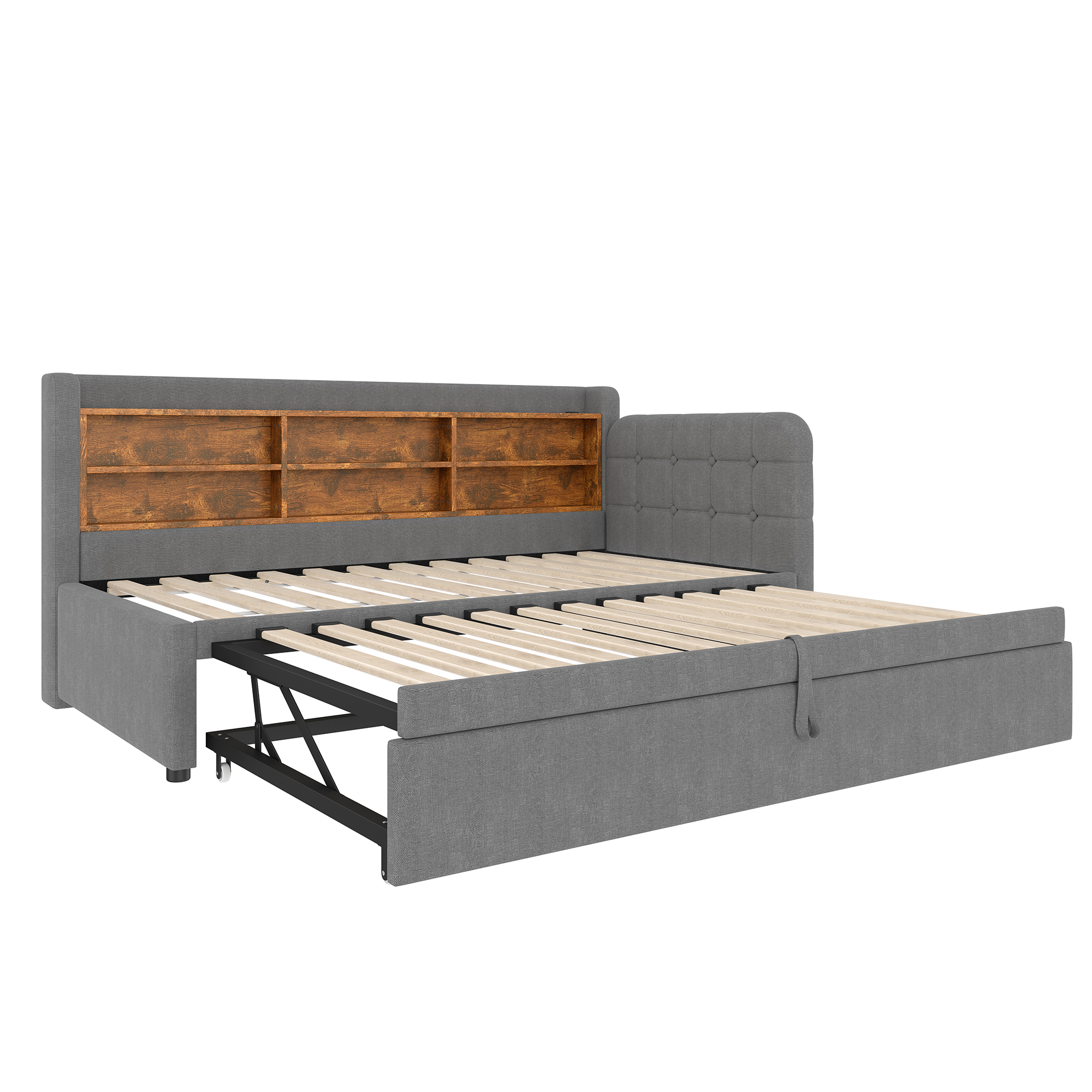 Lit en chanvre et MDF avec escamotable 180×200 cm, USB + Type-C, tête à boutons faite main, style rétro, pour petit appartement, matériau écologique, couchage spacieux, recharge au lit, design élégant, confort, fonctionnalité - image 10