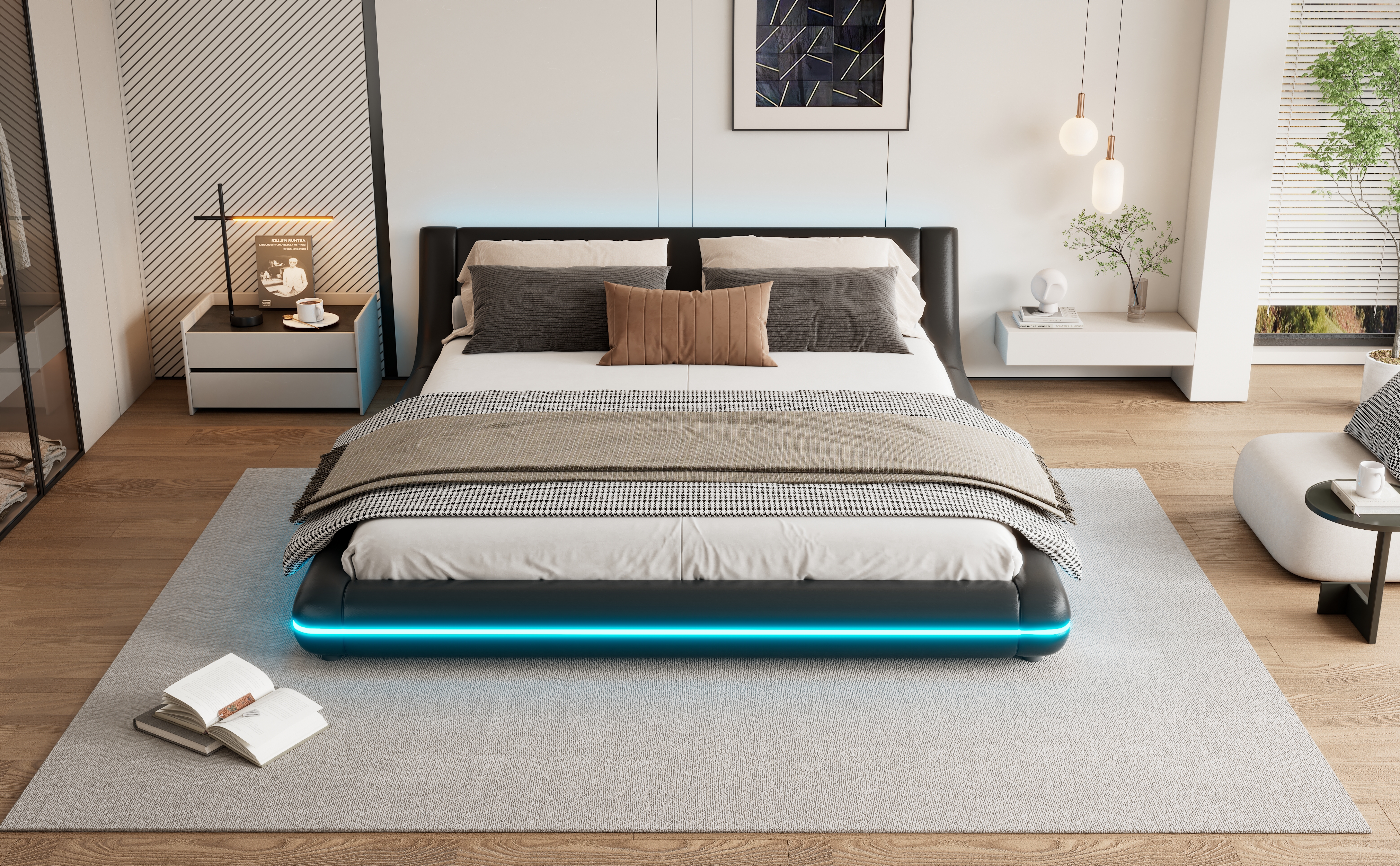 Lit au sol en PU et MDF avec LED changeantes contrôlable app, pour chambre, structure stable, ambiance romantique, design moderne, matériau durable, confort et technologie, style fonctionnel élégant - image 17