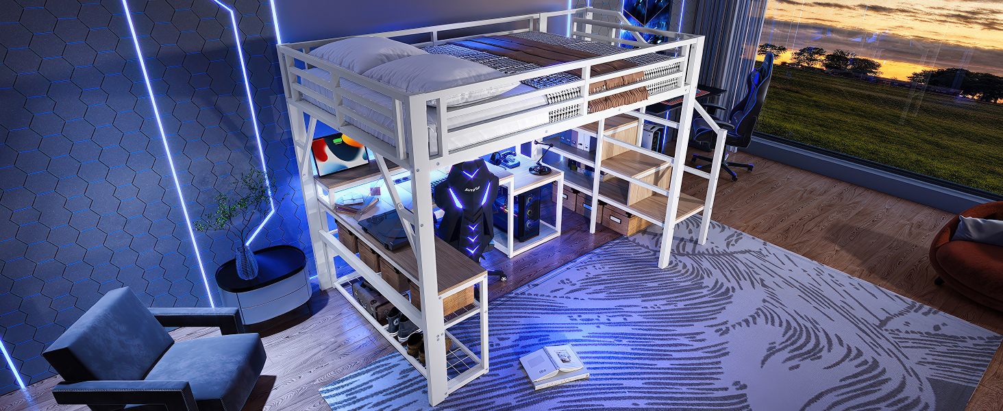 Lit mezzanine fer et MDF avec LED contrôlable app, USB, étagères et compartiments, pour chambre d'enfant et étude, structure stable, ambiance lumineuse, beaucoup de rangement, design moderne, sécurité - image 23