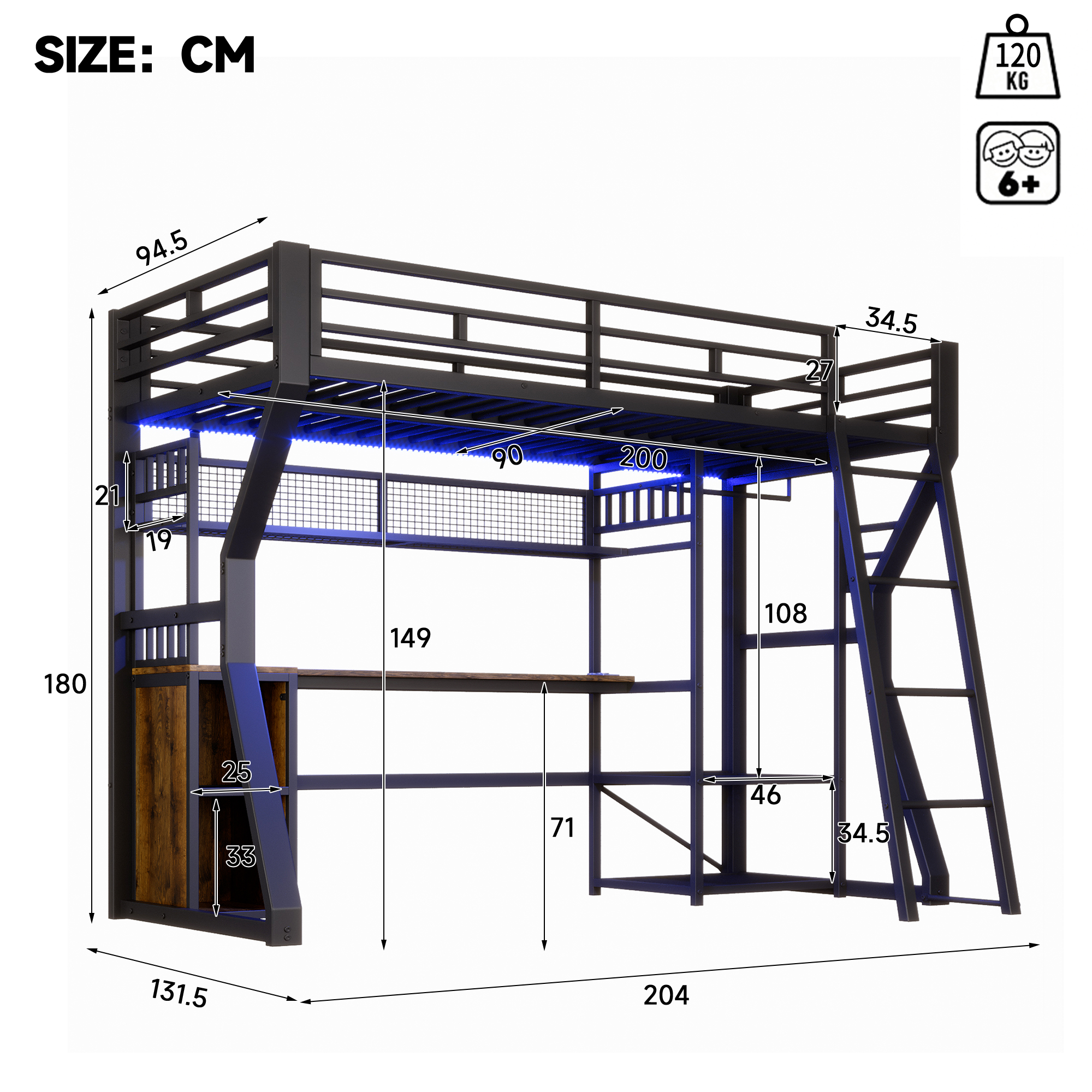 Dimensions lit mezzanine 90x200cm