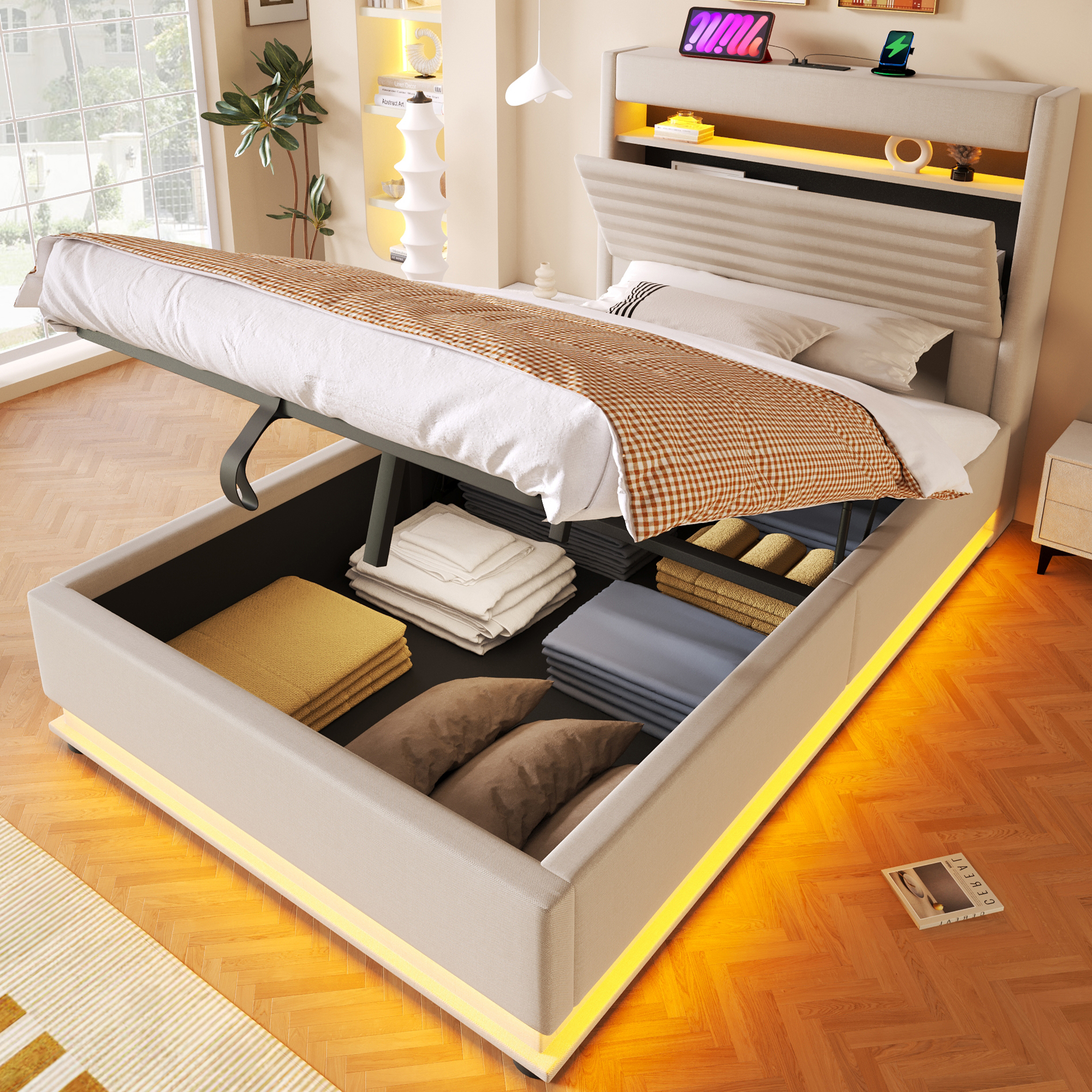 Lit coffre rembourré Beige 90 x 200 cm avec LED, USB-C et rangement hydraulique
