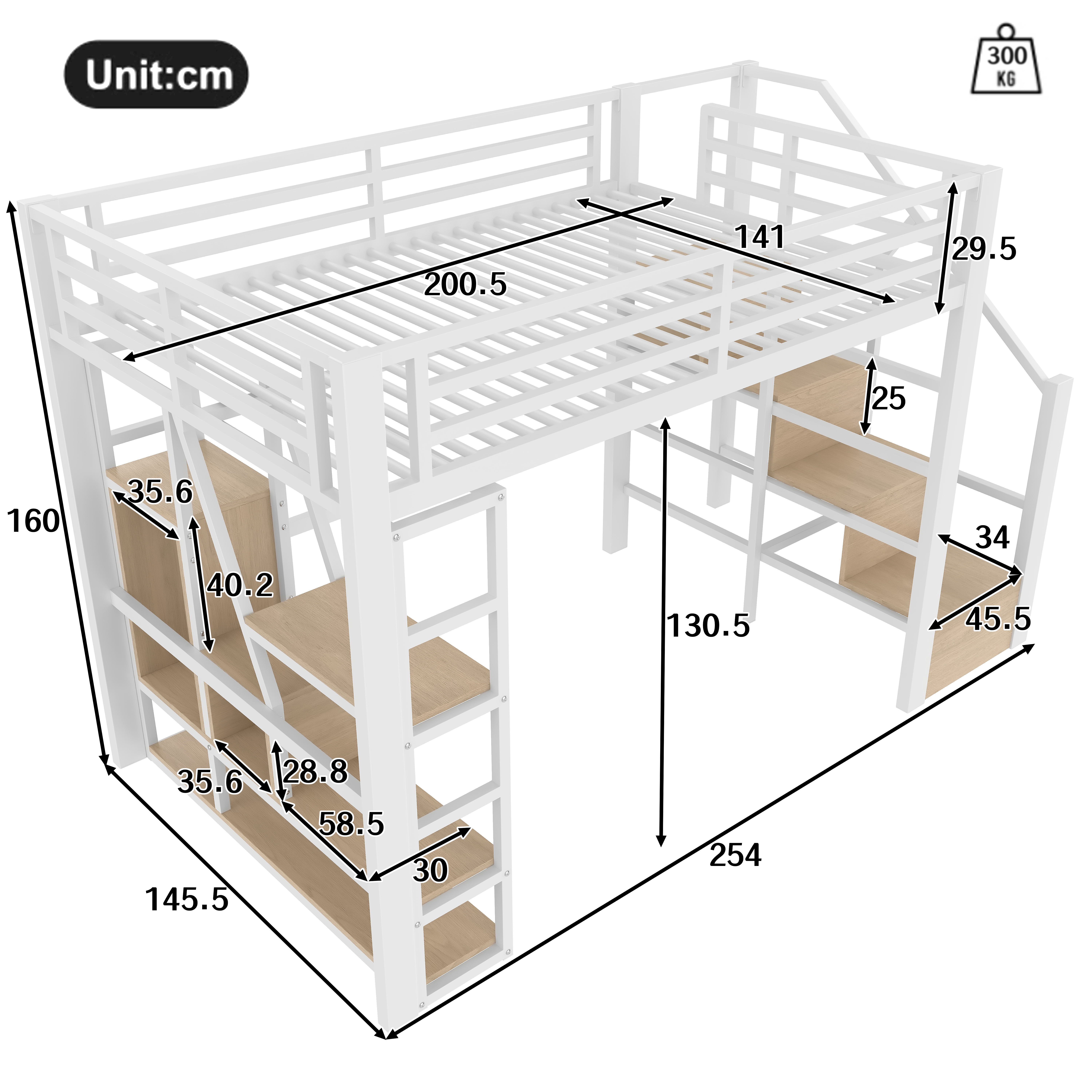 Lit mezzanine 140 x 200 cm avec éclairage LED, rangements intégrés, blanc - vue complémentaire 1