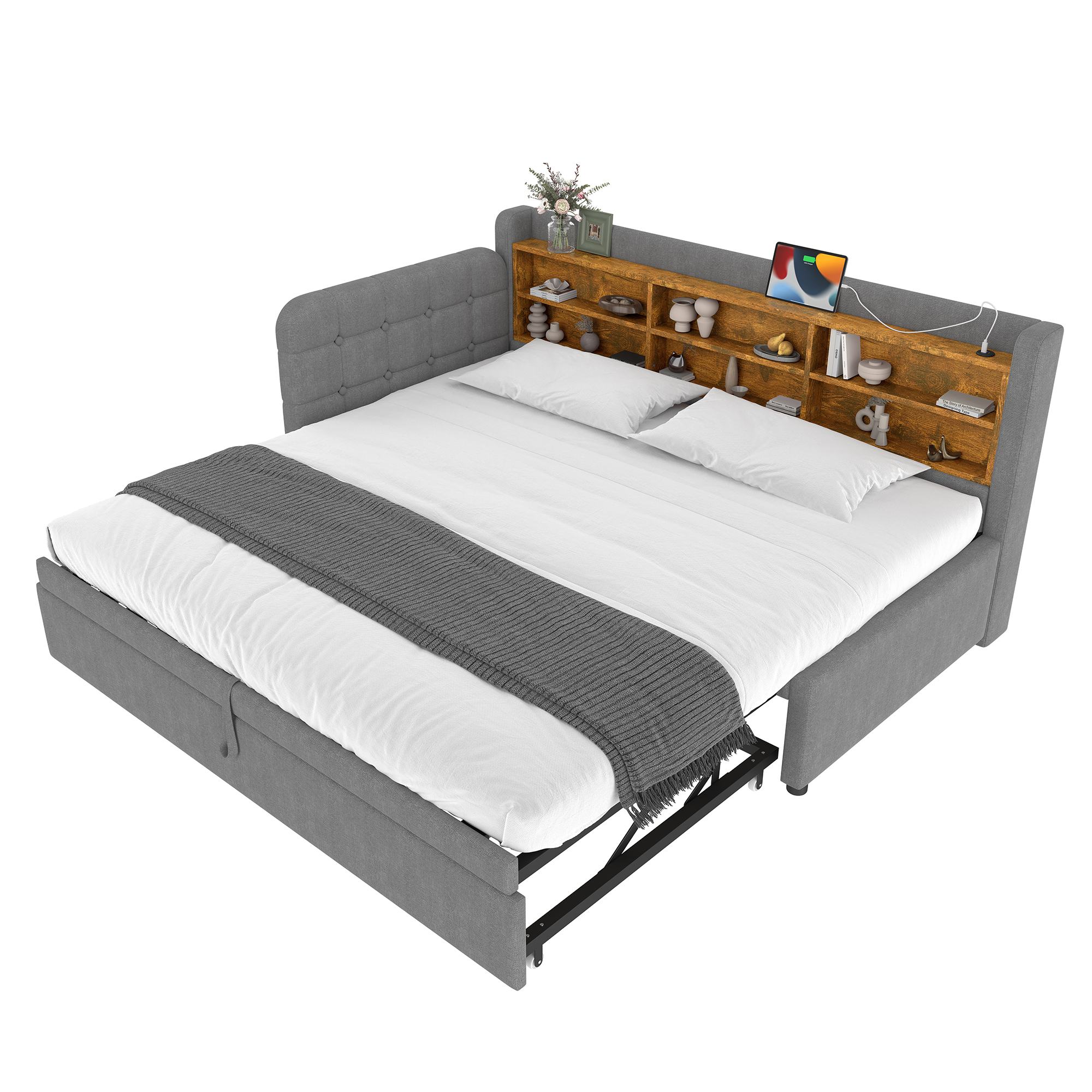 Lit en chanvre et MDF avec escamotable 180×200 cm, USB + Type-C, tête à boutons faite main, style rétro, pour petit appartement, matériau écologique, couchage spacieux, recharge au lit, design élégant, confort, fonctionnalité - image 8