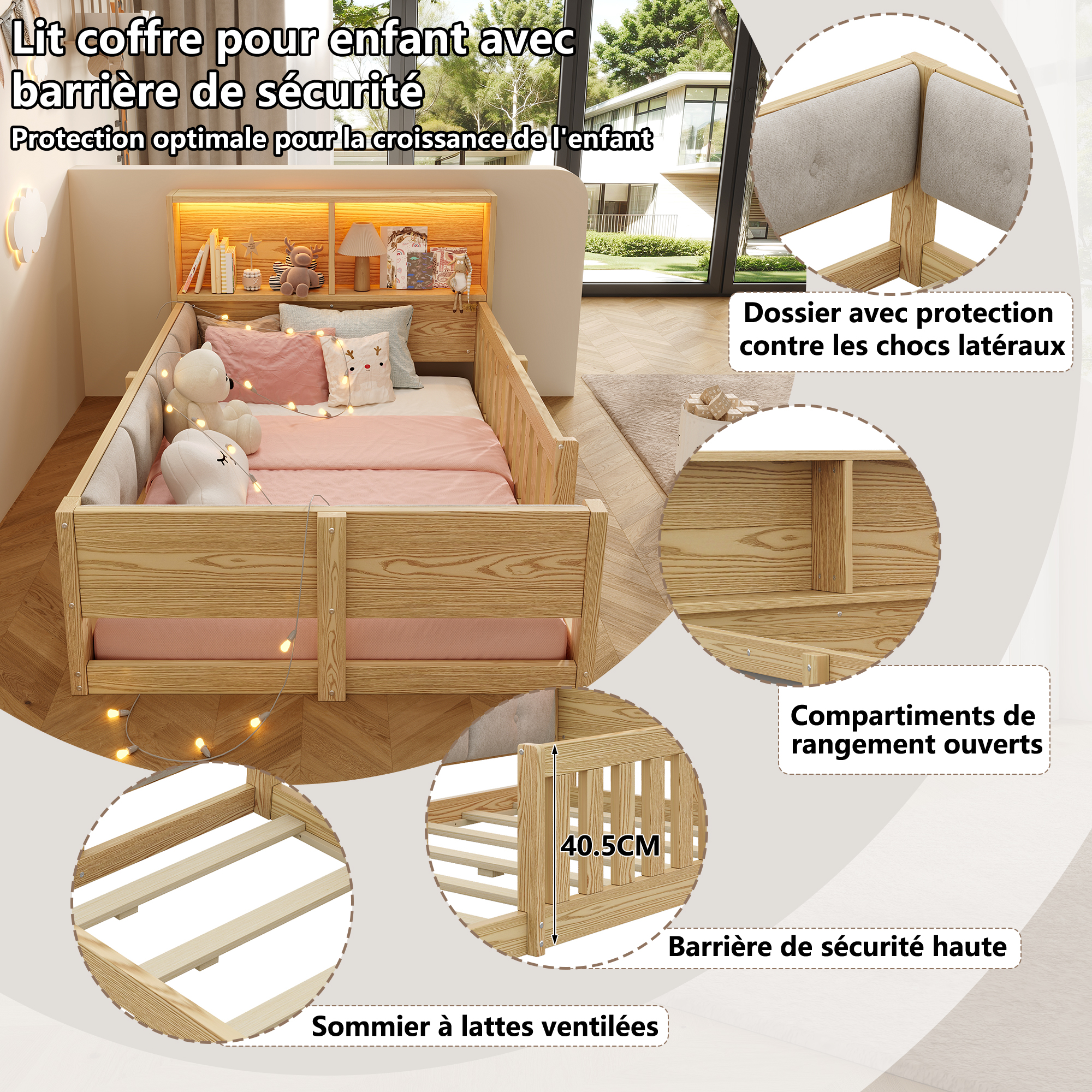 Présentation de Lit enfant 90 x 200 cm avec LED et protection rembourrée, Naturel, sans matelas