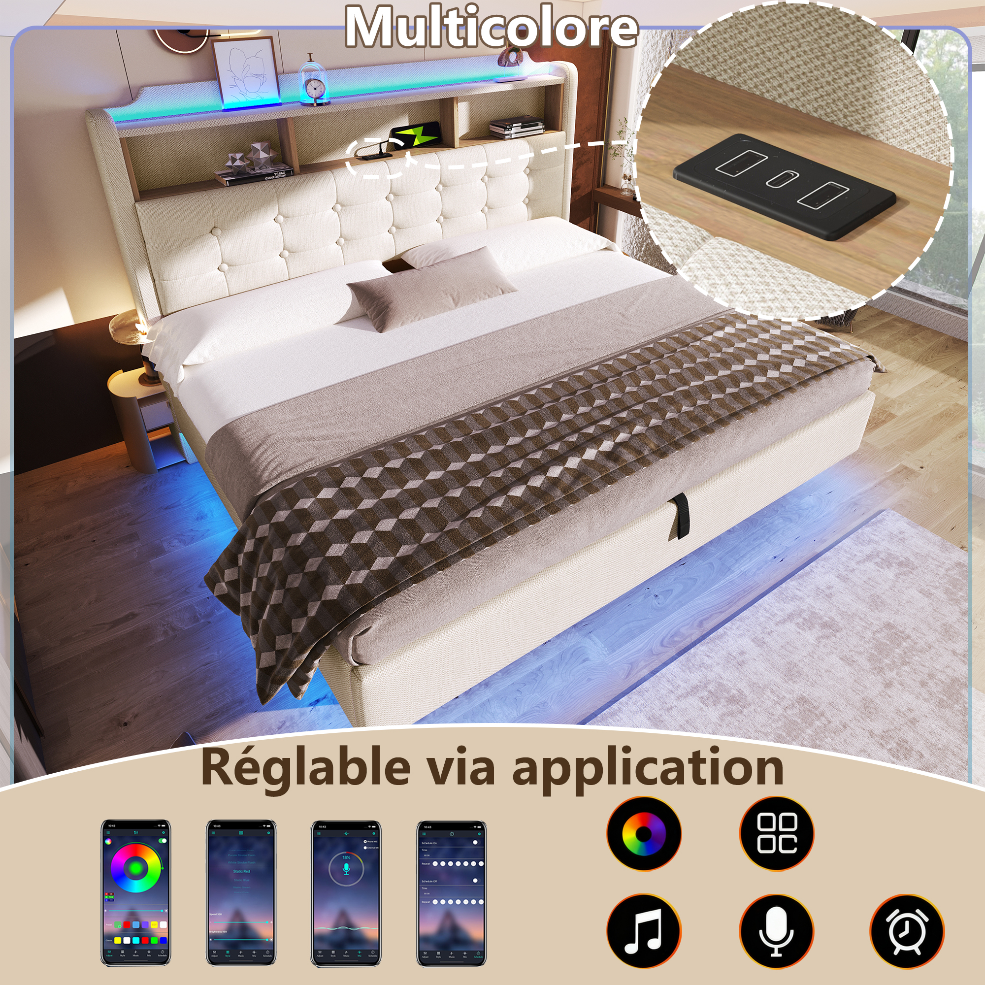 Éclairage LED multicolore du lit capitonné