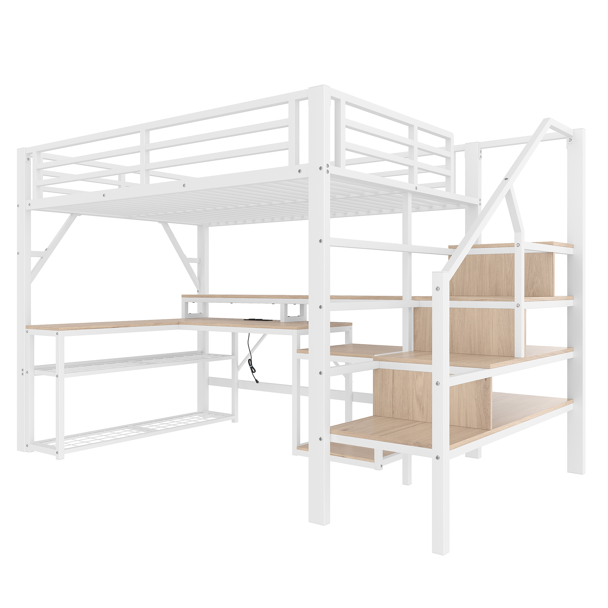 Lit mezzanine fer et MDF avec LED contrôlable app, USB, étagères et compartiments, pour chambre d'enfant et étude, structure stable, ambiance lumineuse, beaucoup de rangement, design moderne, sécurité - image 9