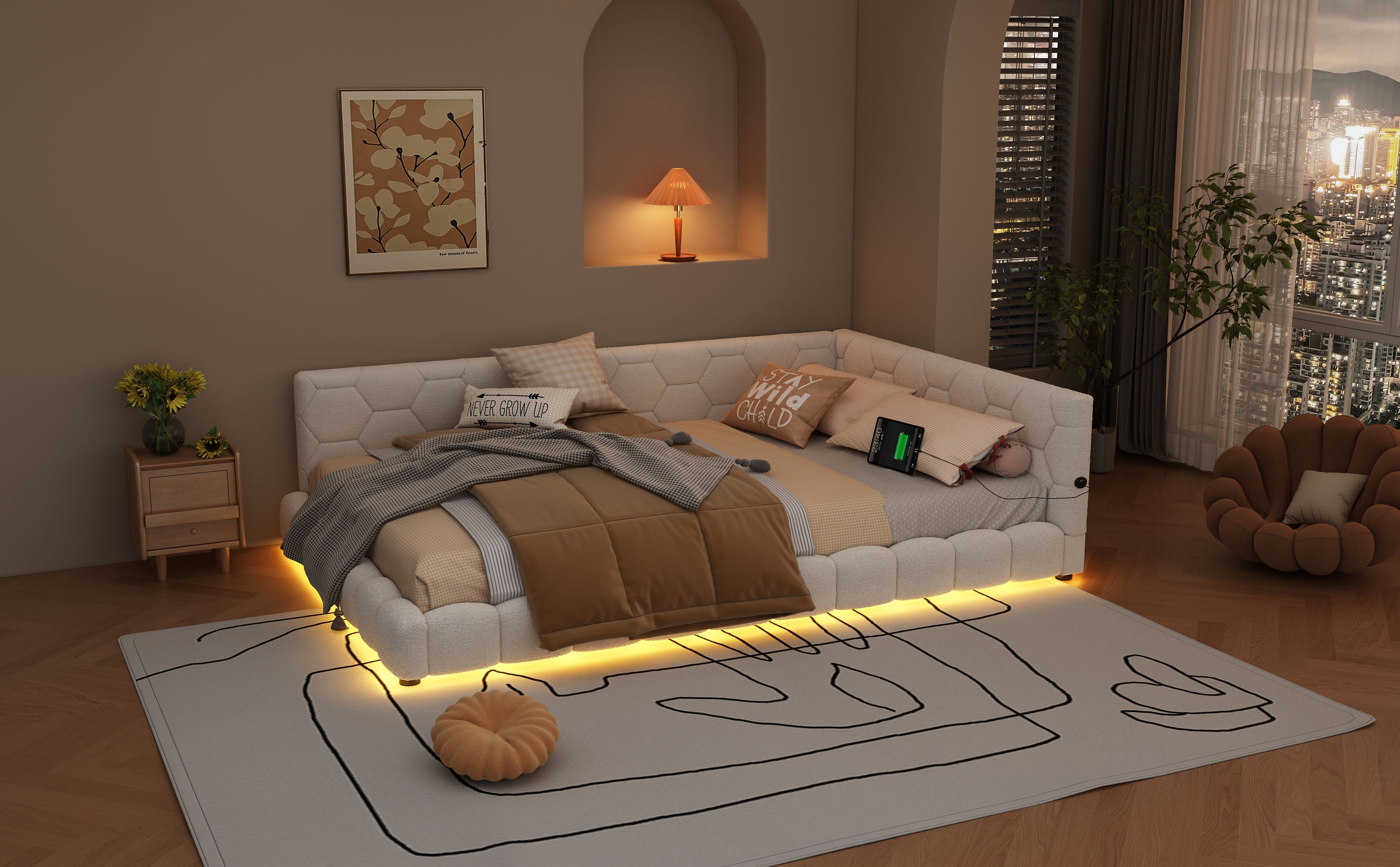Lit avec LED 16 couleurs contrôlable app, USB + Type-C, velours imitation, MDF, pour chambre, ambiance romantique, recharge multiple, design moderne, confort et technologie, style fonctionnel élégant - image 13