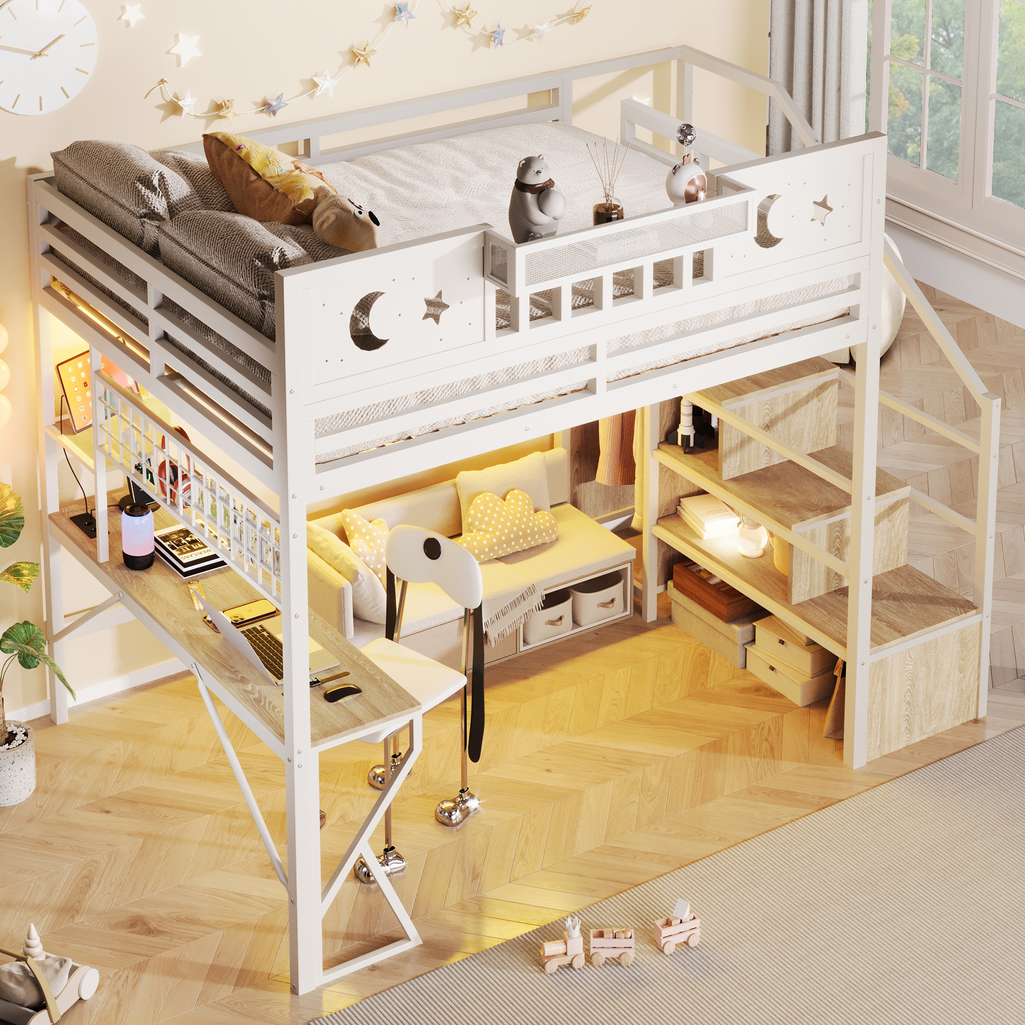 Lit mezzanine 140 x 200 cm, bureau intégré, échelle, éclairage LED au niveau du bureau, prise intégrée, métal et MDF, blanc, 255 x 159 x 187 cm - présentation 1
