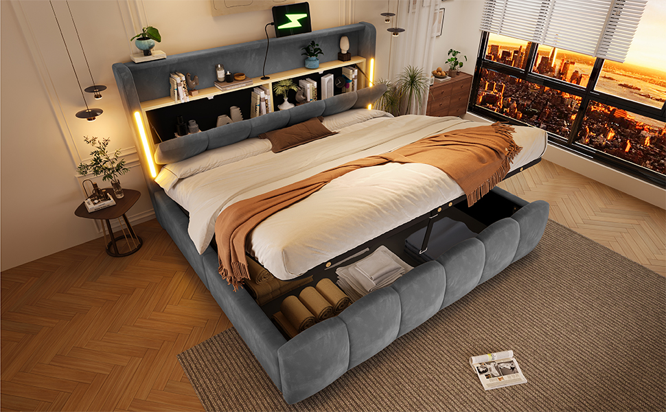Lit coffre capitonné 180x200 cm en velours avec LED et rangement