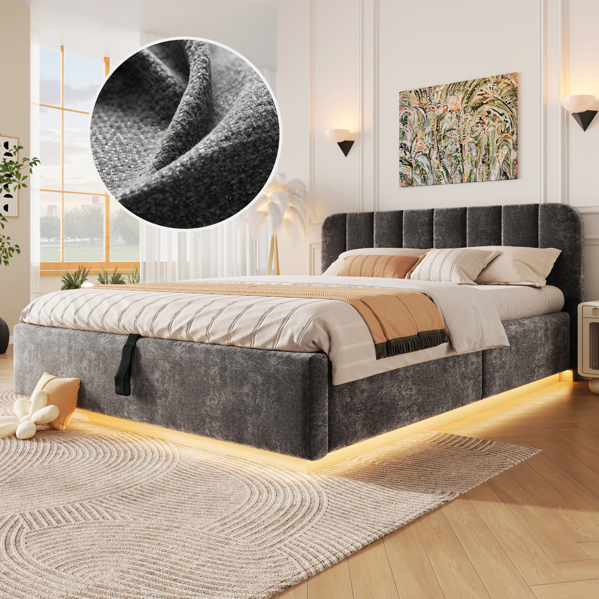 Lit coffre rembourré en chenille 140 x 200 cm avec rangement hydraulique, LED et sommier à lattes, Gris, sans matelas