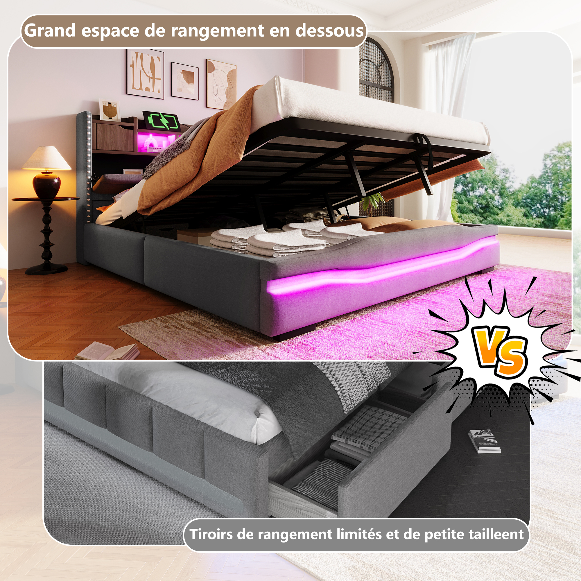 Lit design moderne gris avec éclairage LED