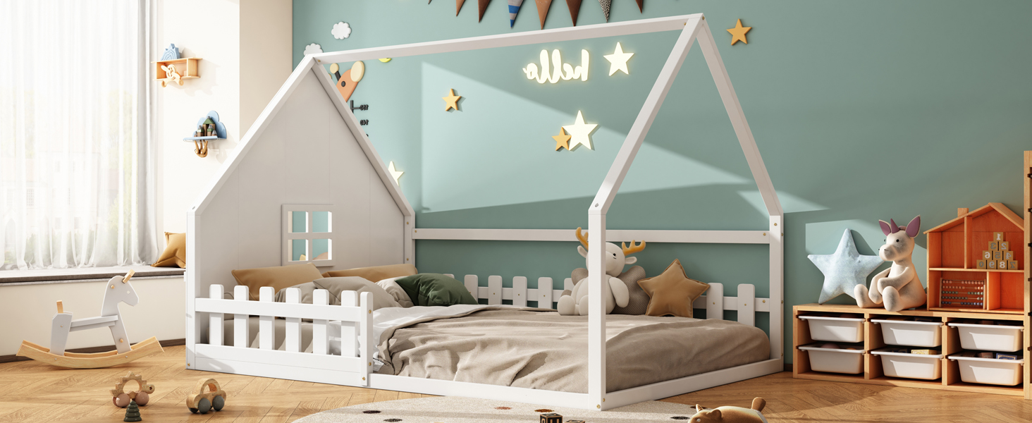 Lit enfant maison de rêve en pin et MDF, design maison miniature, pour chambre d'enfant, stimule imagination, construction stable, style naturel moderne, sécurité et amusement, espace de jeu unique - image 13