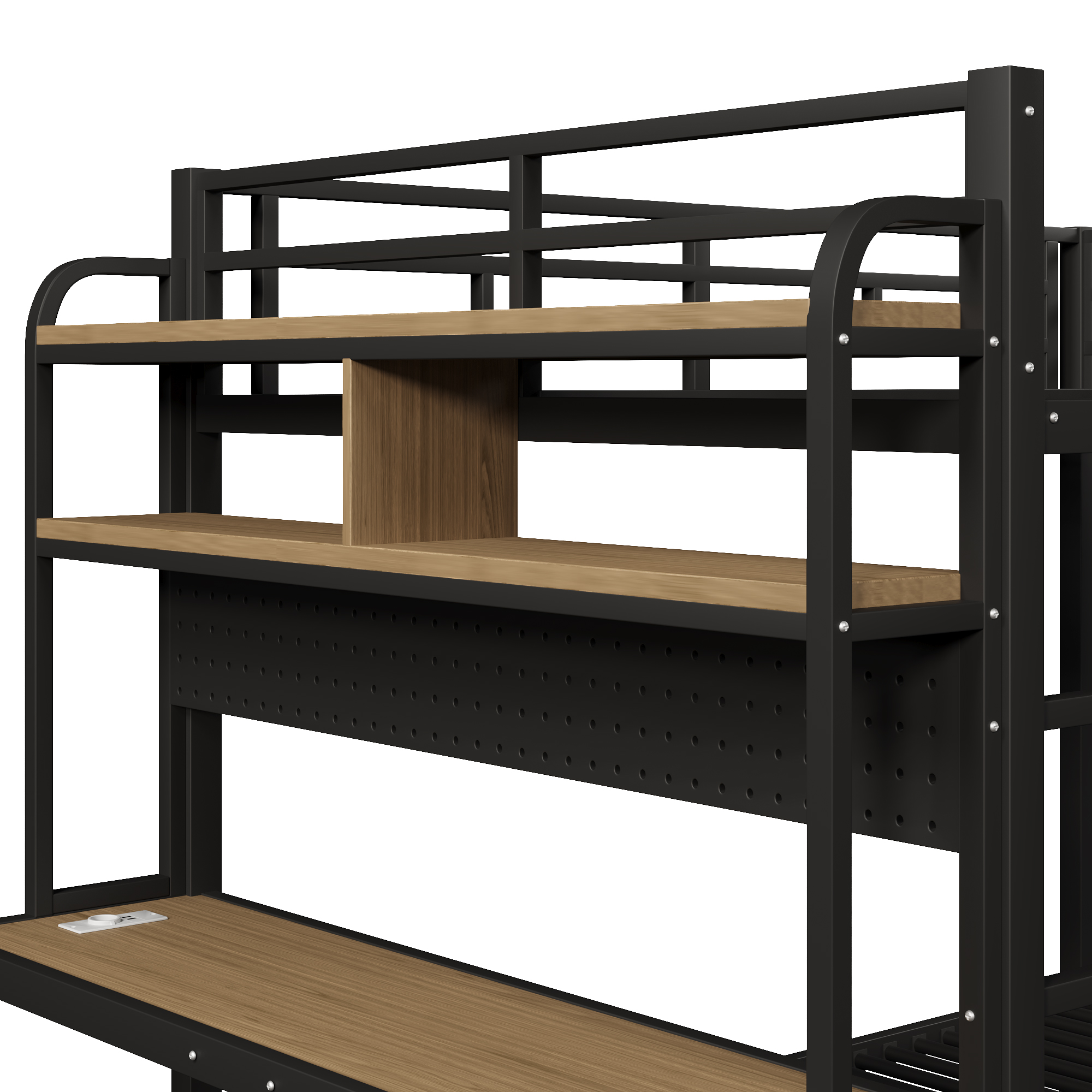 Lit 140 x 200 cm avec rangement, LED, USB Type-C, bureau intégré en métal noir - vue complémentaire 1