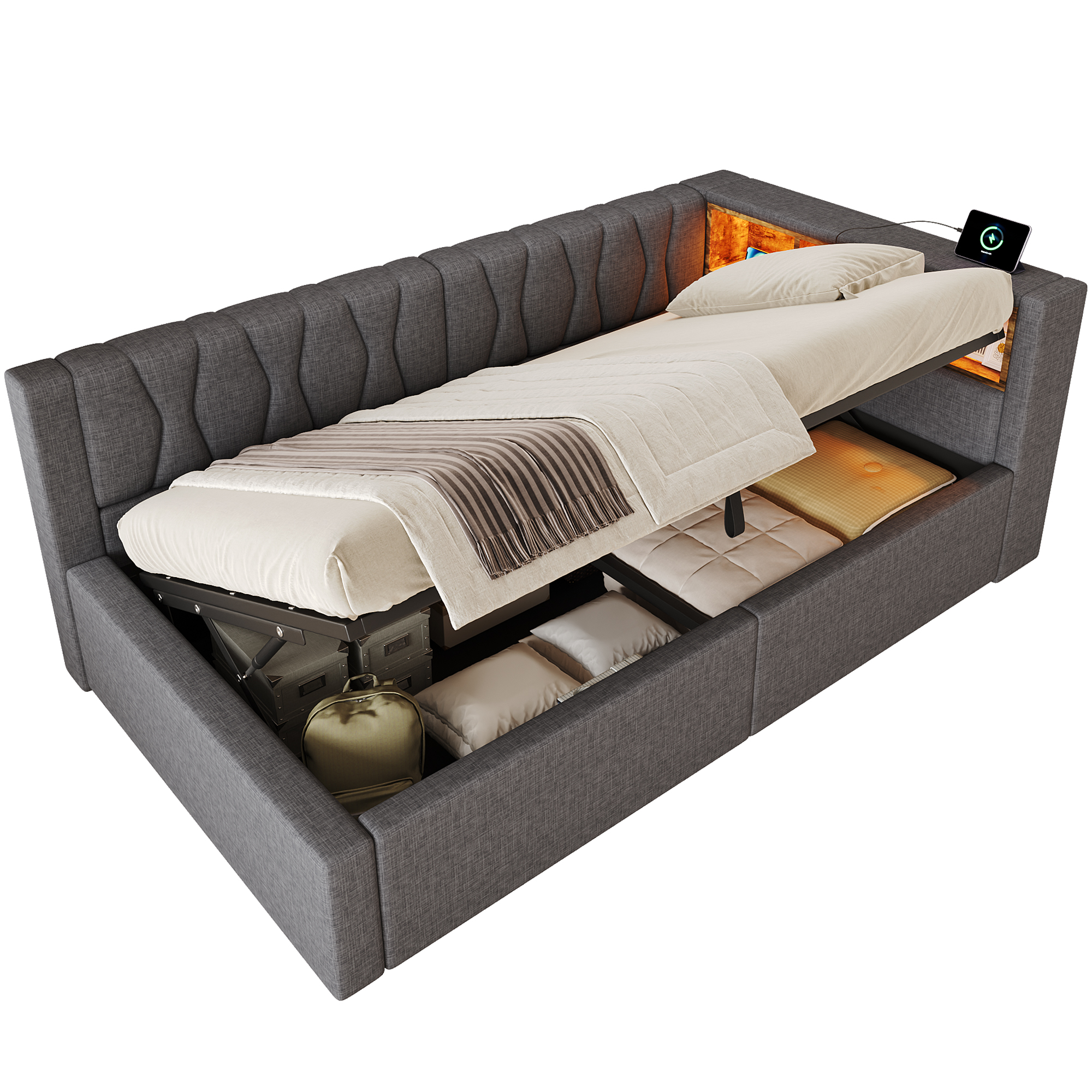 Détails de Lit banquette rembourré en lin 90 x 200 cm avec rangement hydraulique, LED et ports USB-C, Gris, sans matelas