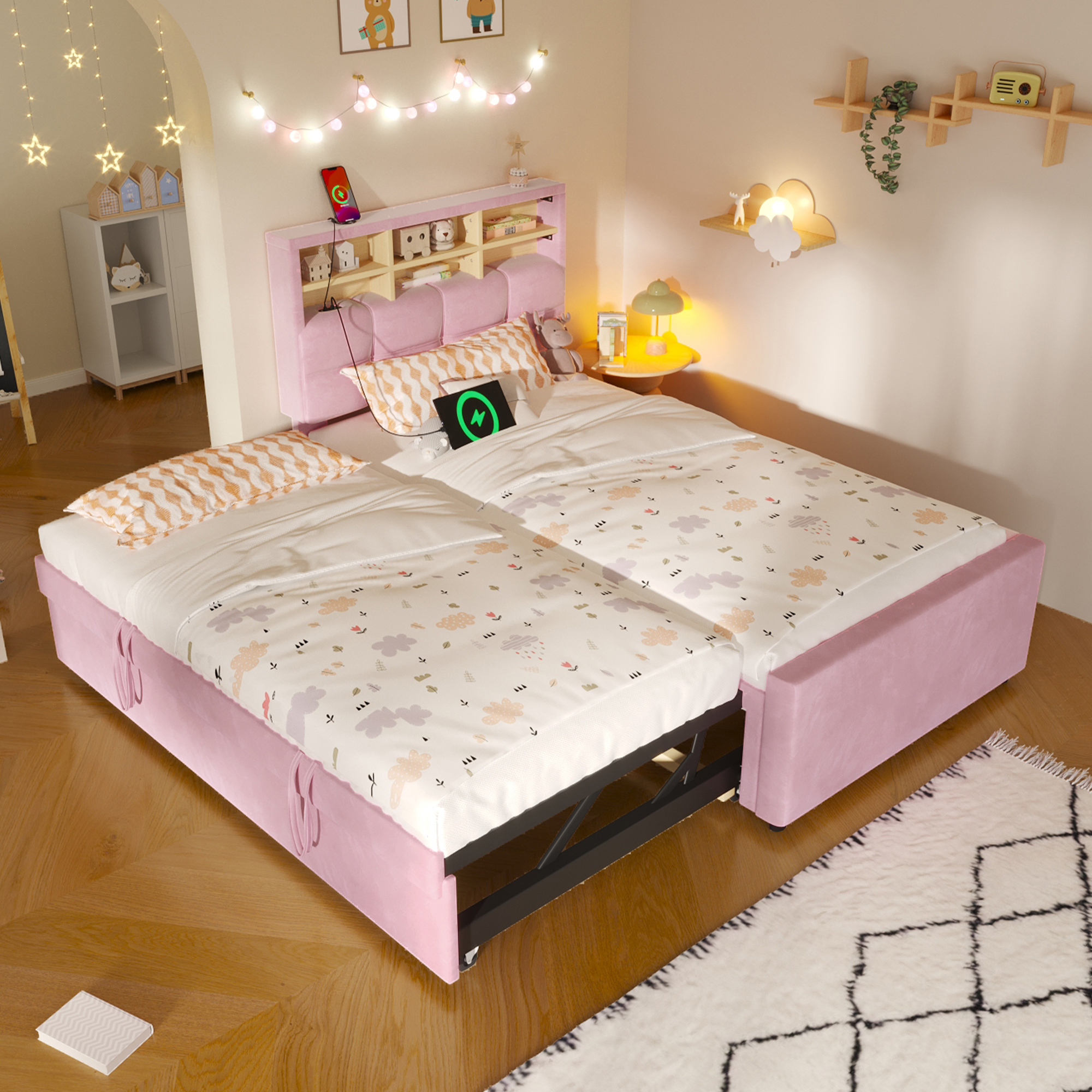 Lit banquette rembourré rose avec rangements ouverts