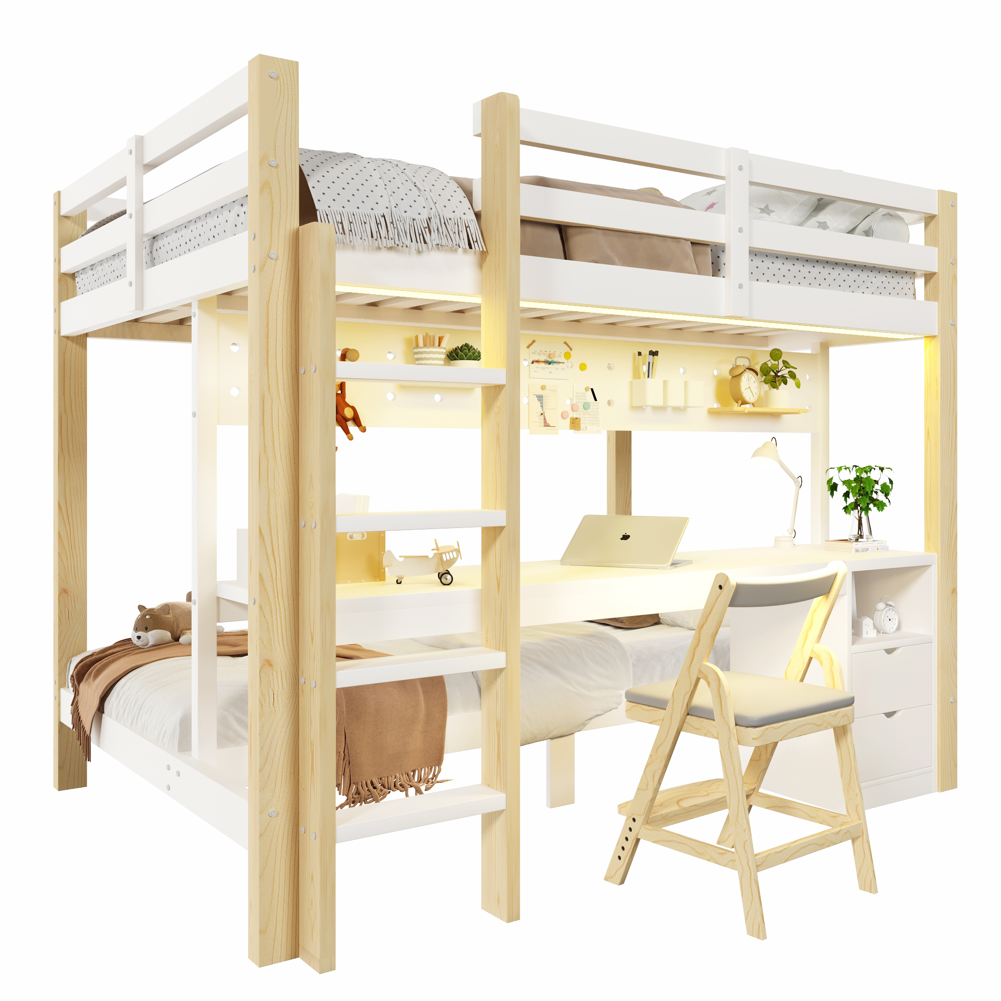 Lit mezzanine 90x200 et 140x200 cm avec rangement, tiroirs, bureau, LED pin, MDF blanc - spécifications 1