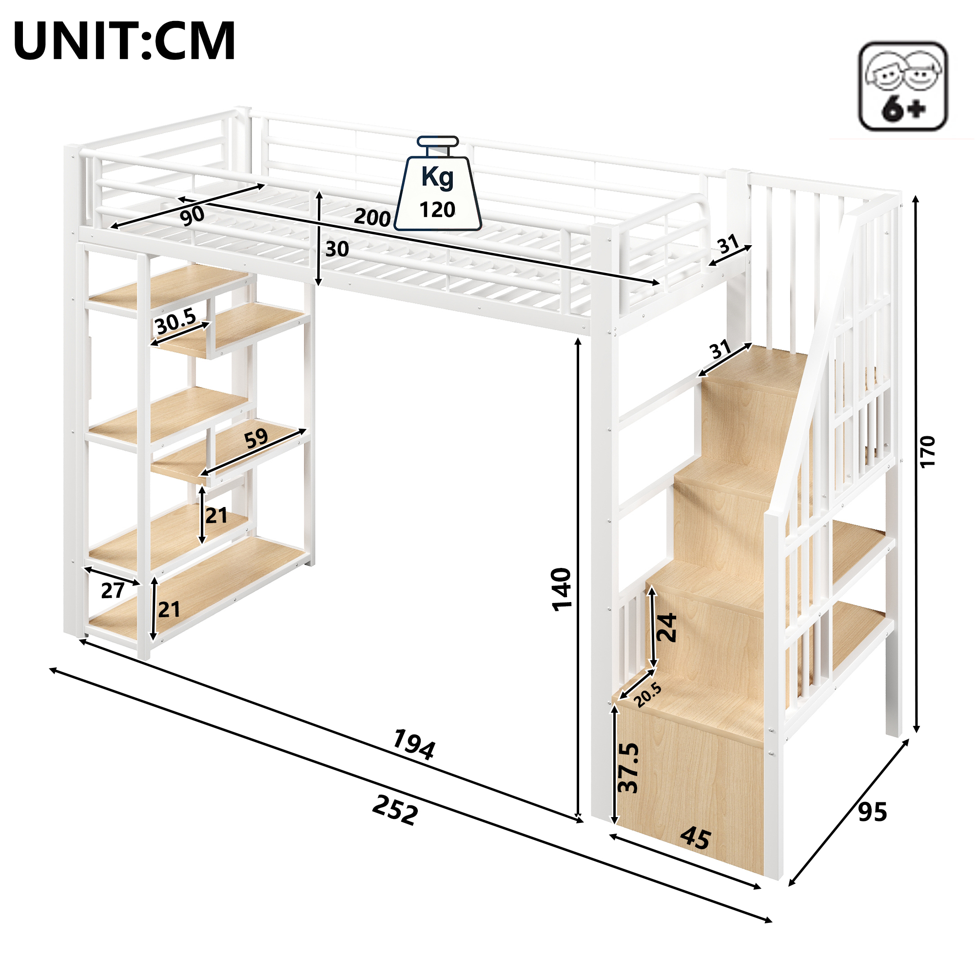 Lit mezzanine 90 x 200 cm, escalier, éclairage LED sous le couchage, garde-corps, rangements intégrés, métal et MDF, blanc, 252 x 95 x 170 cm - vue complémentaire 1