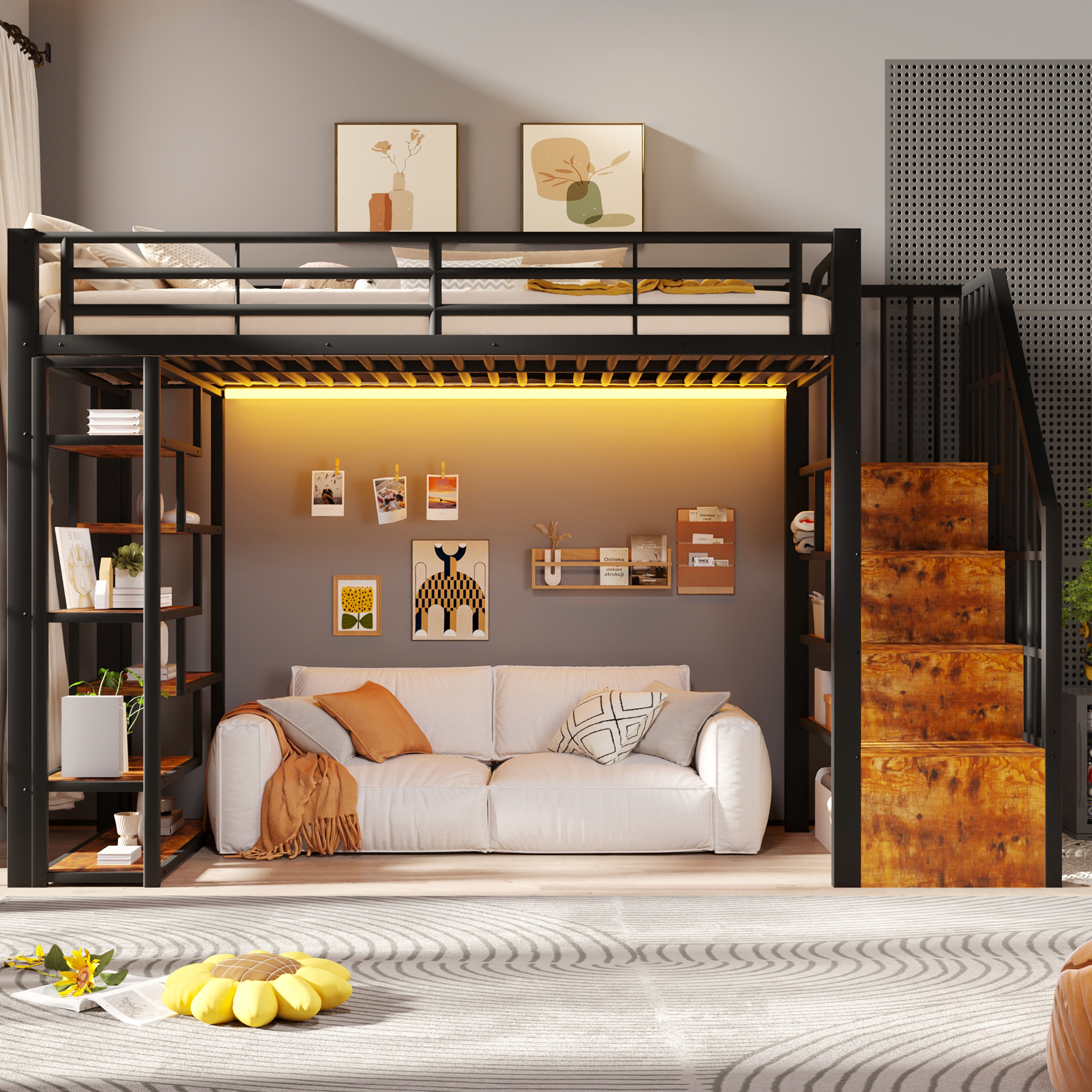 Lit mezzanine 90 x 200 cm, escalier, éclairage LED sous le couchage, garde-corps, rangements intégrés, métal et MDF, noir, 252 x 95 x 170 cm - vue principale 1