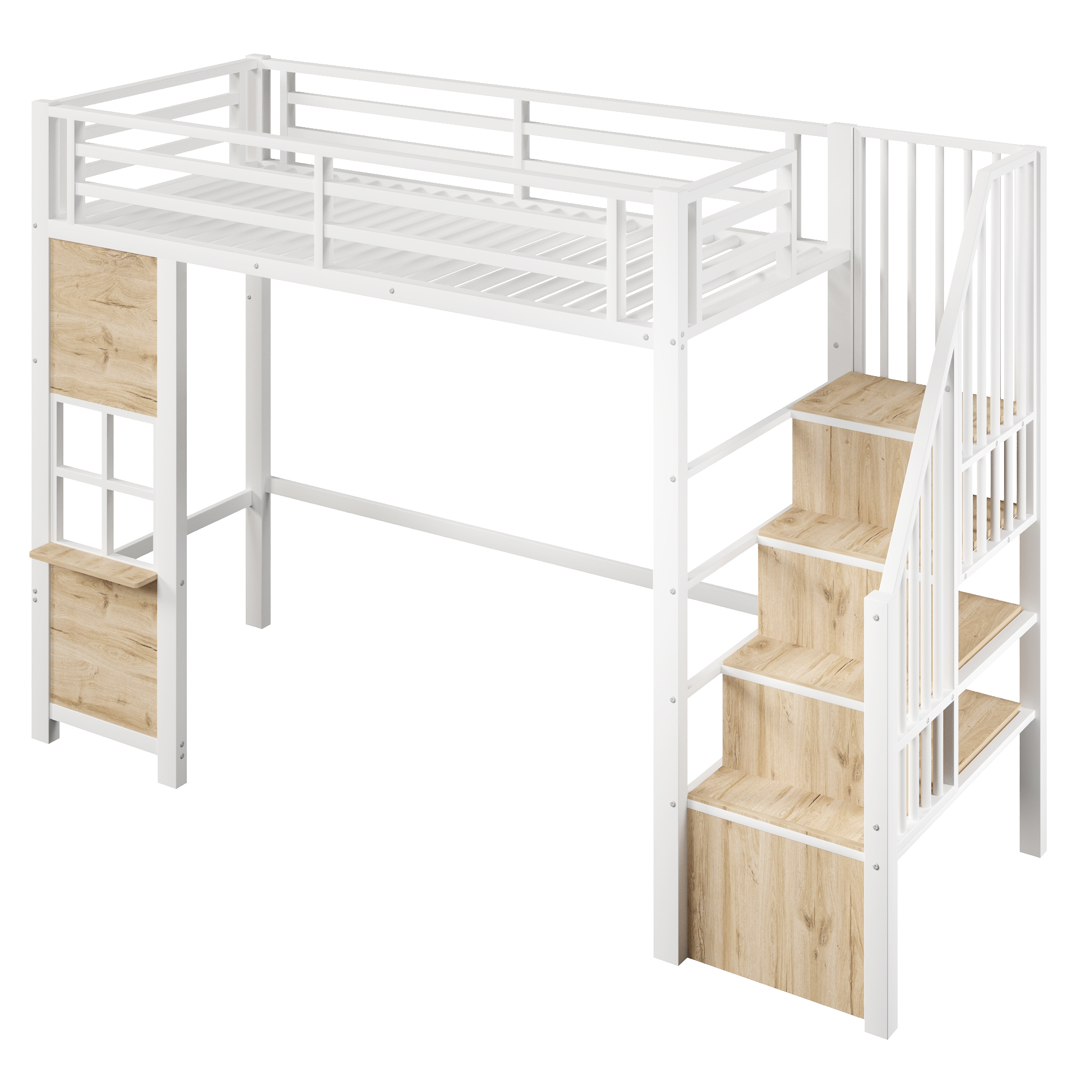 Présentation de Lit mezzanine en métal 90 x 200 cm avec escalier avec rangements, espace inférieur ouvert et barrières de sécurité, Blanc, sans matelas