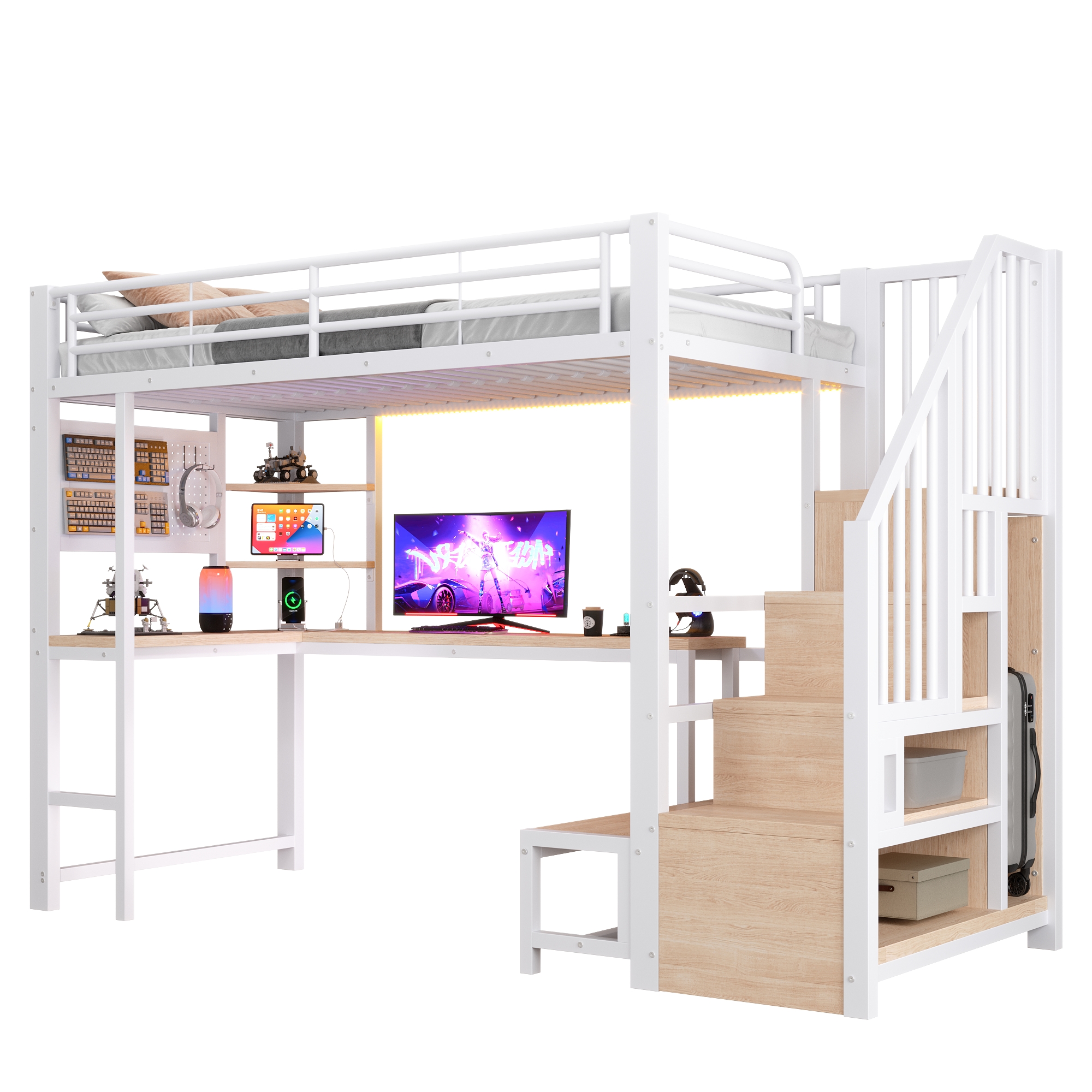 Détails lit mezzanine blanc avec bureau et LED