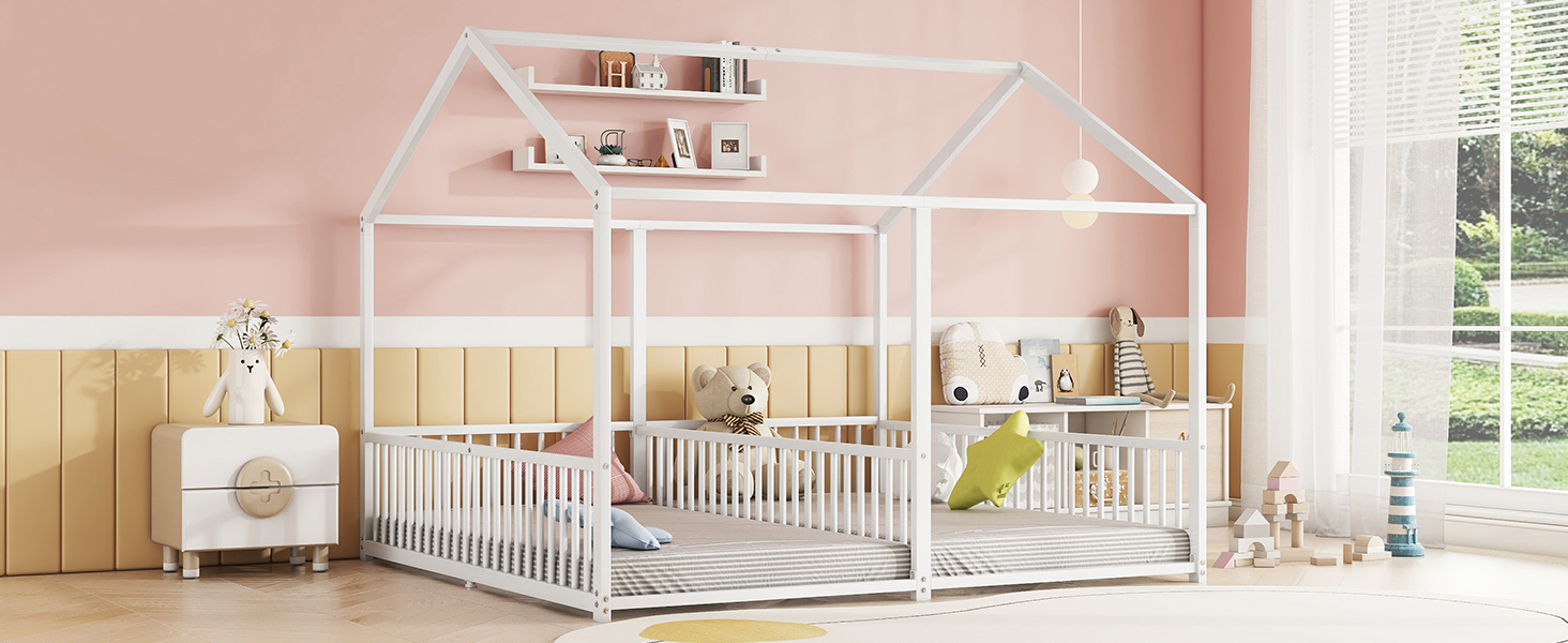 Lit jumeaux enfant en fer 2×90×200 cm en forme de maison, barrières sécurité, pour famille avec 2 enfants, design créatif, indépendance de couchage, stabilité, sécurité, style ludique, décoration - image 20