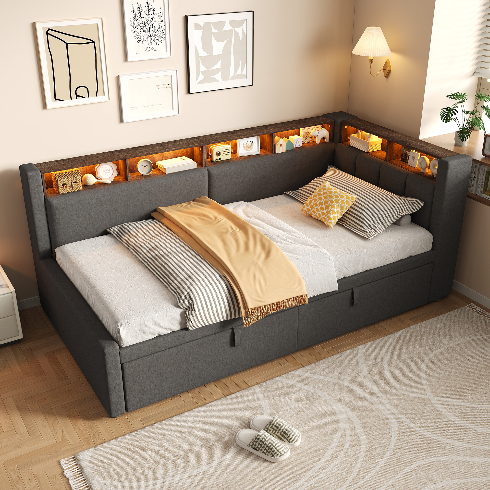 Lit de Jour Convertible 90×200 cm – Lin de Qualité, LED et Rangement Intégré – Lin de haute qualité et structure en MDF