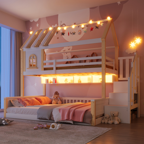 Lit superposé cabane 90x200 + 140x200 cm blanc et naturel avec LED