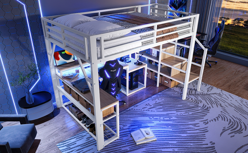 Lit mezzanine fer et MDF avec LED contrôlable app, USB, étagères et compartiments, pour chambre d'enfant et étude, structure stable, ambiance lumineuse, beaucoup de rangement, design moderne, sécurité - image 20