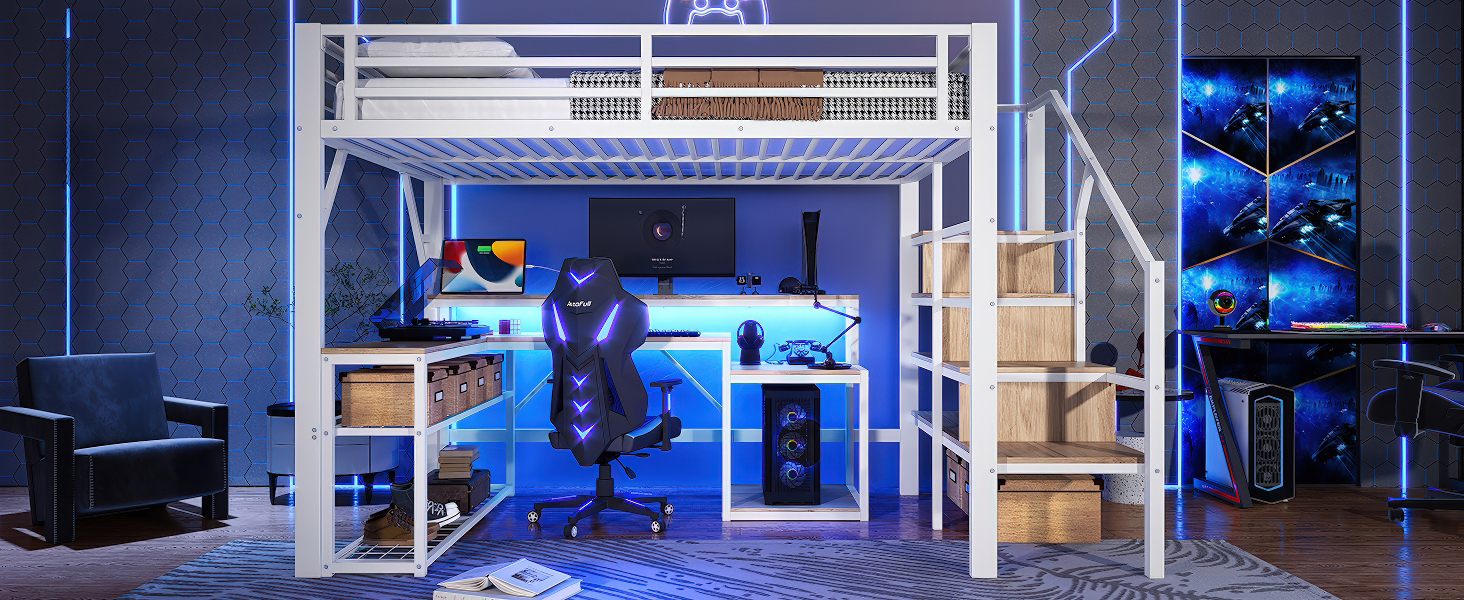 Lit mezzanine fer et MDF avec LED contrôlable app, USB, étagères et compartiments, pour chambre d'enfant et étude, structure stable, ambiance lumineuse, beaucoup de rangement, design moderne, sécurité - image 21