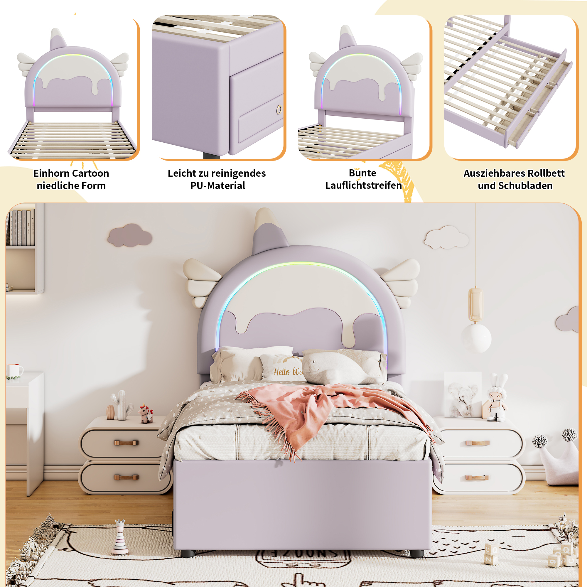 Lit enfant design licorne en PU et MDF avec lit es - image 2
