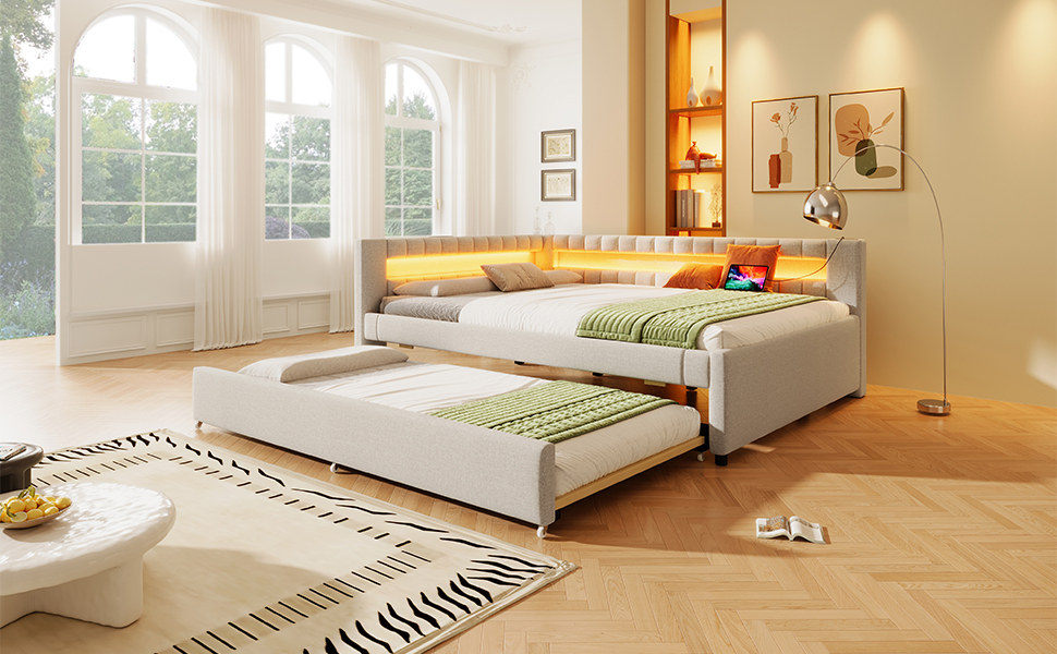 Lit en lin et MDF avec LED contrôlable tactile/app, USB + Type-C, lit escamotable, pour chambre, ambiance romantique, recharge multiple, utilisation flexible, design moderne, confort et technologie, style élégant - image 15