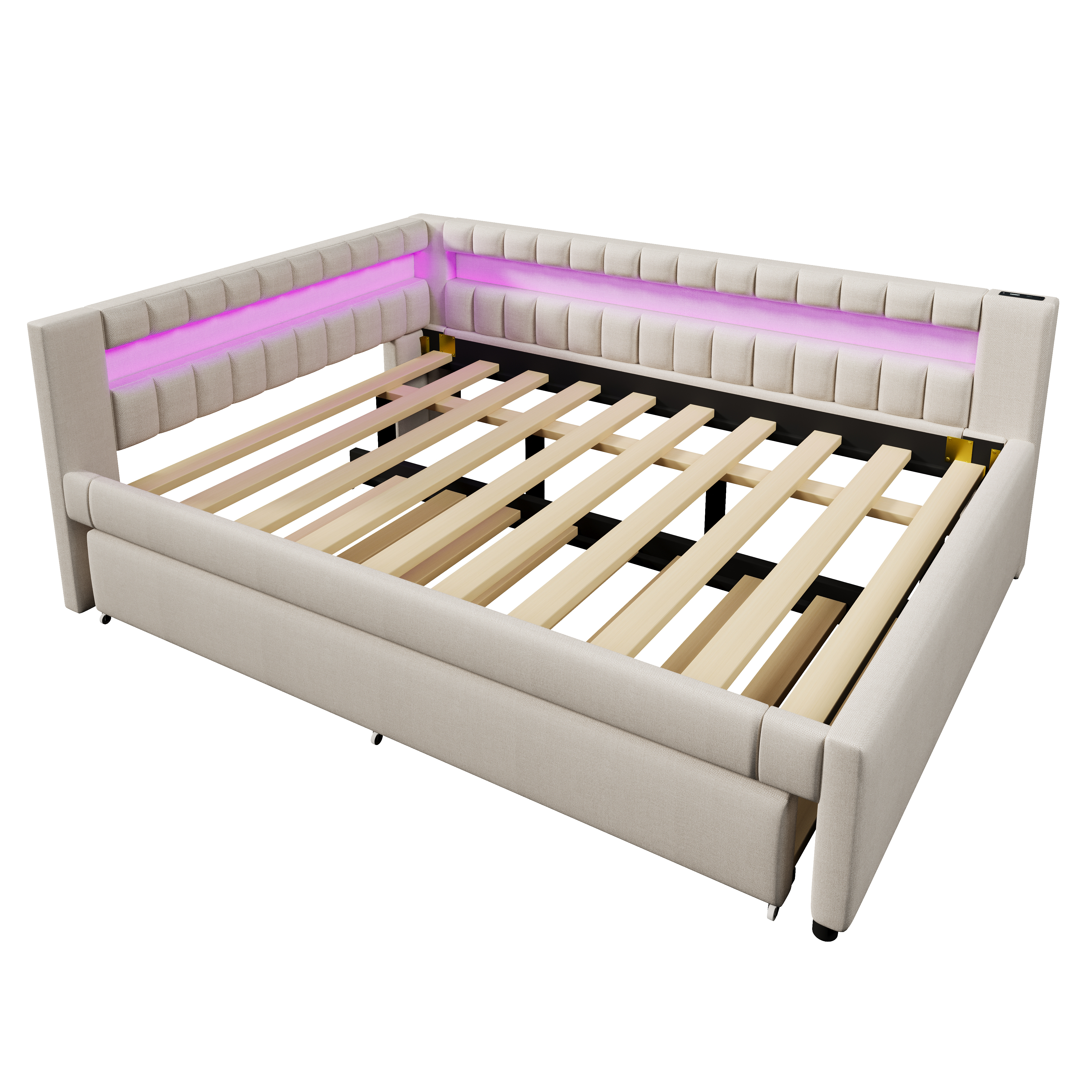 Lit en lin et MDF avec LED contrôlable tactile/app, USB + Type-C, lit escamotable, pour chambre, ambiance romantique, recharge multiple, utilisation flexible, design moderne, confort et technologie, style élégant - image 9