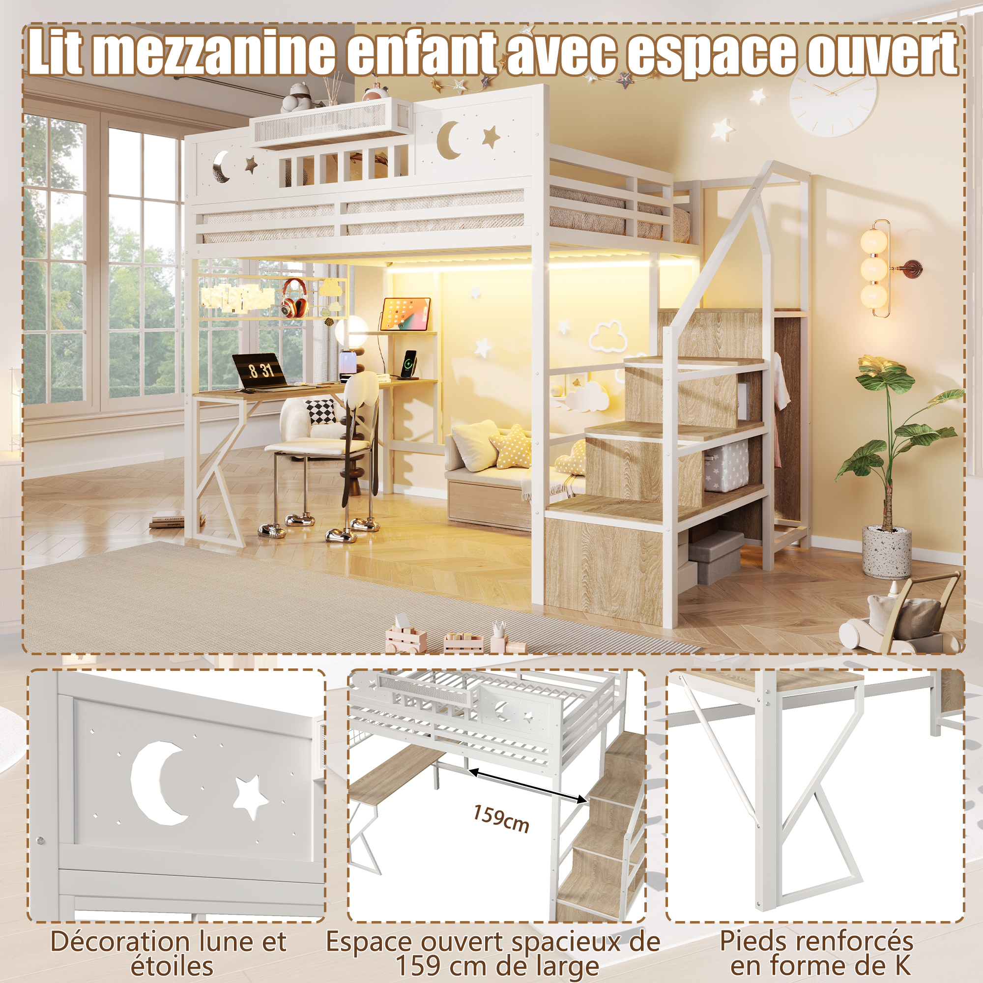 Lit mezzanine 140 x 200 cm, bureau intégré, échelle, éclairage LED au niveau du bureau, prise intégrée, métal et MDF, blanc, 255 x 159 x 187 cm - spécifications 1