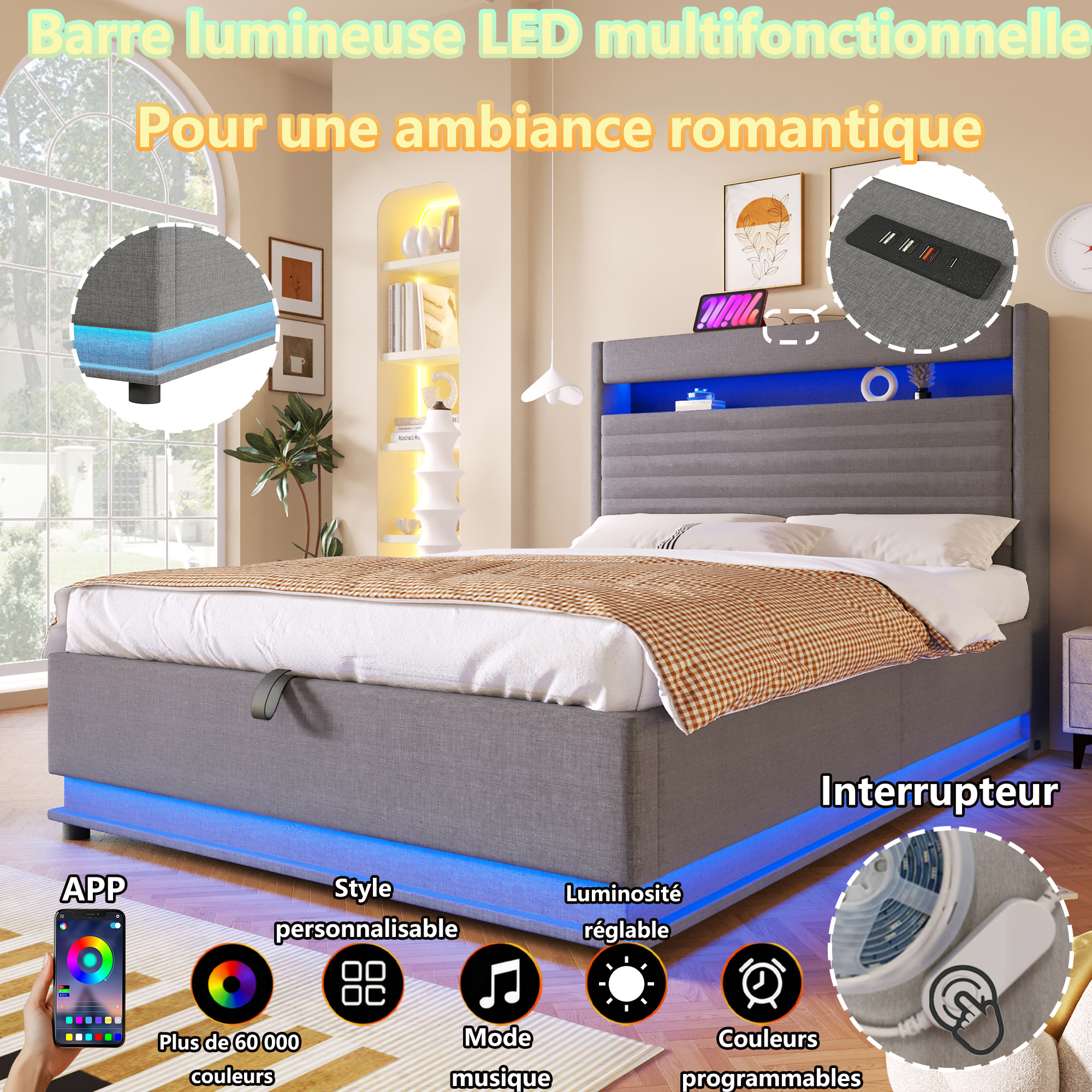 Lit rembourré multifonction avec éclairage LED rég - image 7