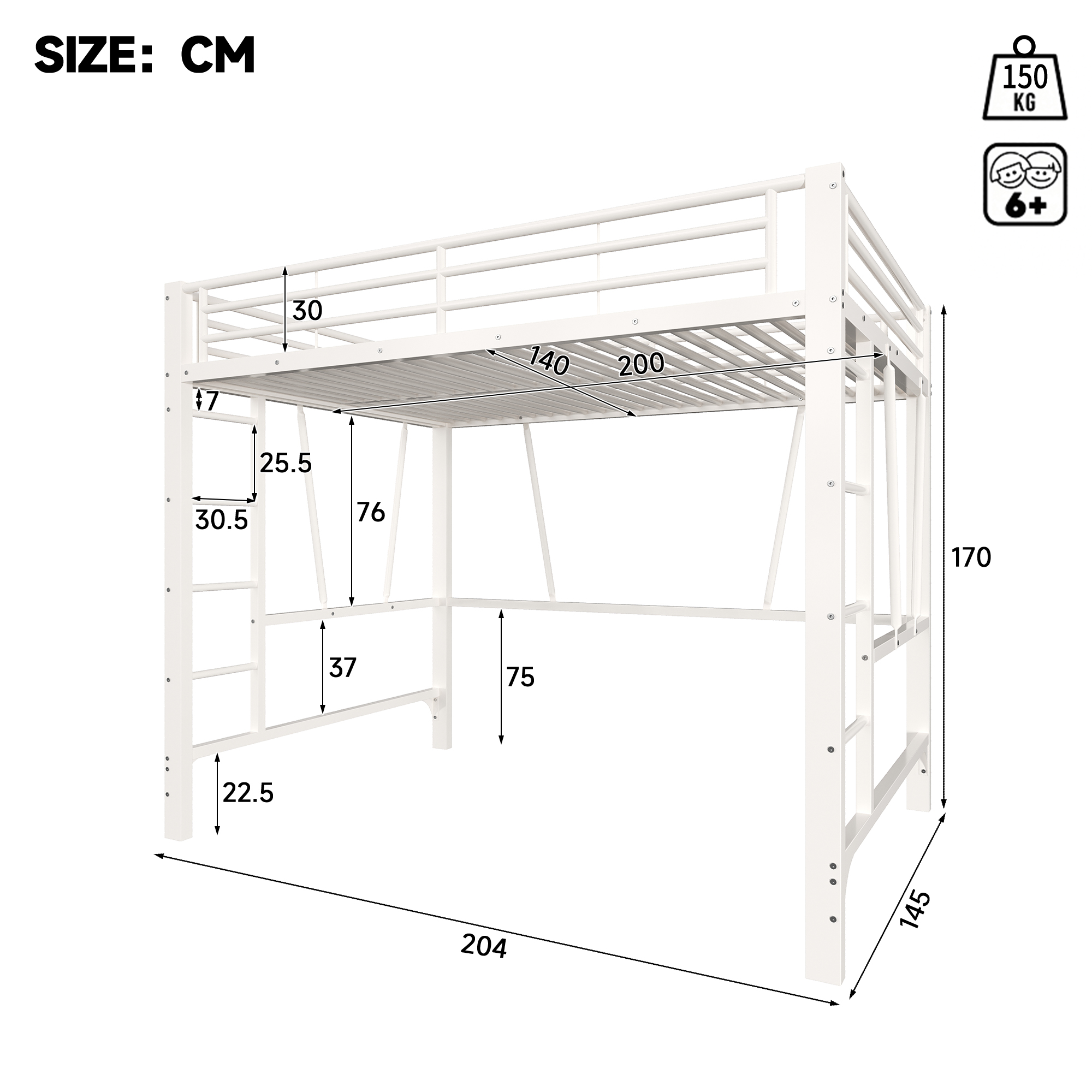 Dimensions et fonctions de Lit mezzanine en métal 140 x 200 cm avec double échelle, rangements, espace inférieur ouvert et barrières de sécurité, Blanc, sans matelas