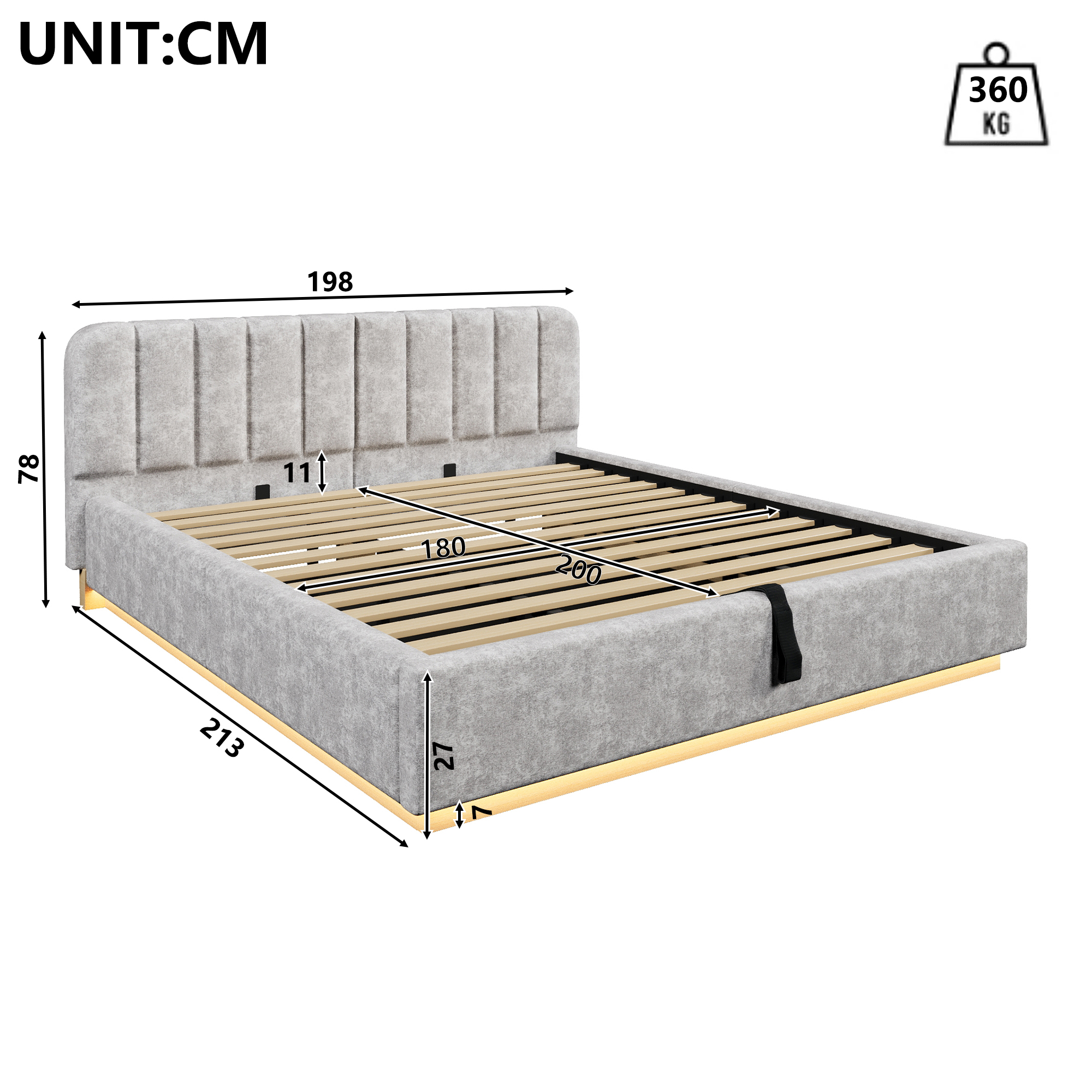 Détails de Lit coffre rembourré en chenille 180 x 200 cm avec rangement hydraulique, LED et sommier à lattes, Gris, sans matelas