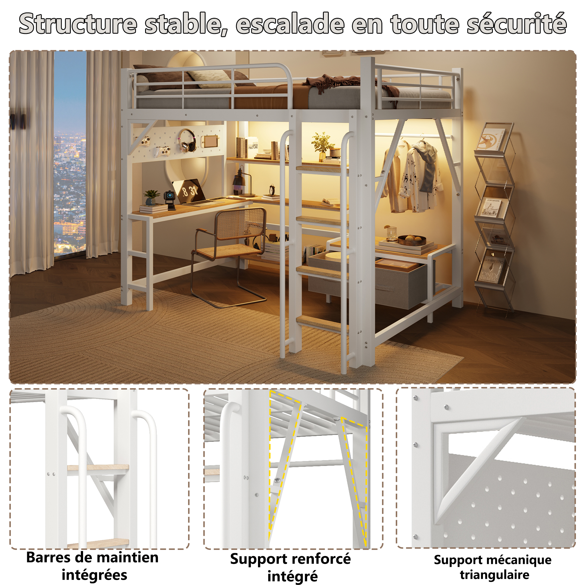 Lit mezzanine 140 x 200 cm avec éclairage LED, port USB / Type-C, prises intégrées, rangements intégrés, bureau intégré, blanc - spécifications 1