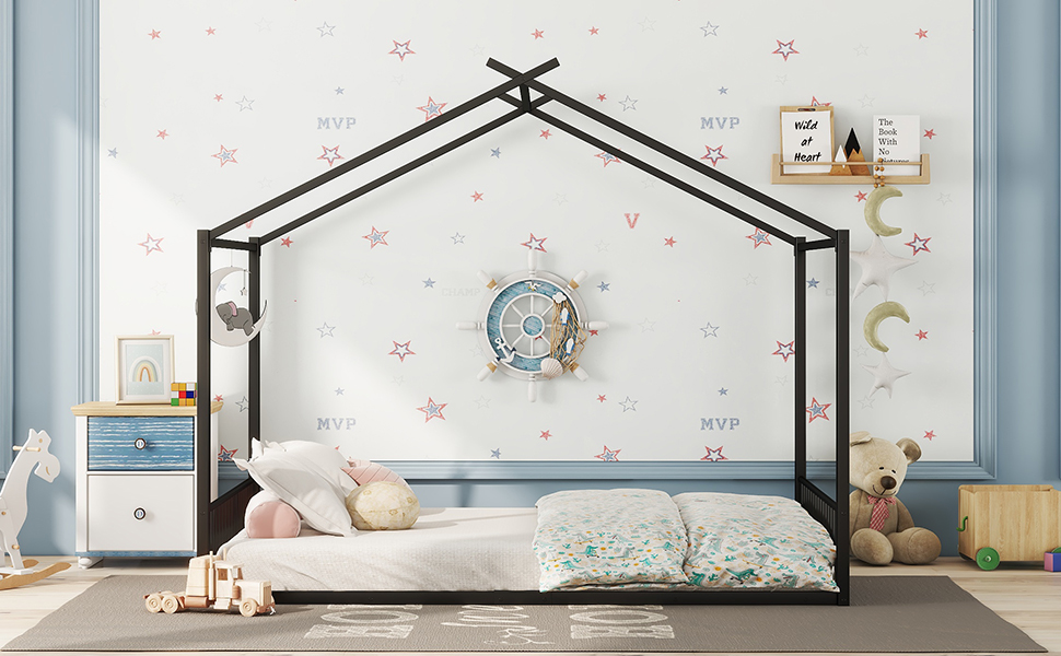 Lit mezzanine enfant en métal en forme de maison noir, pour chambre d'enfant, design unique, espace de jeu, style moderne, facile montage, stabilité, sécurité, utilisation polyvalente, décoration - image 15