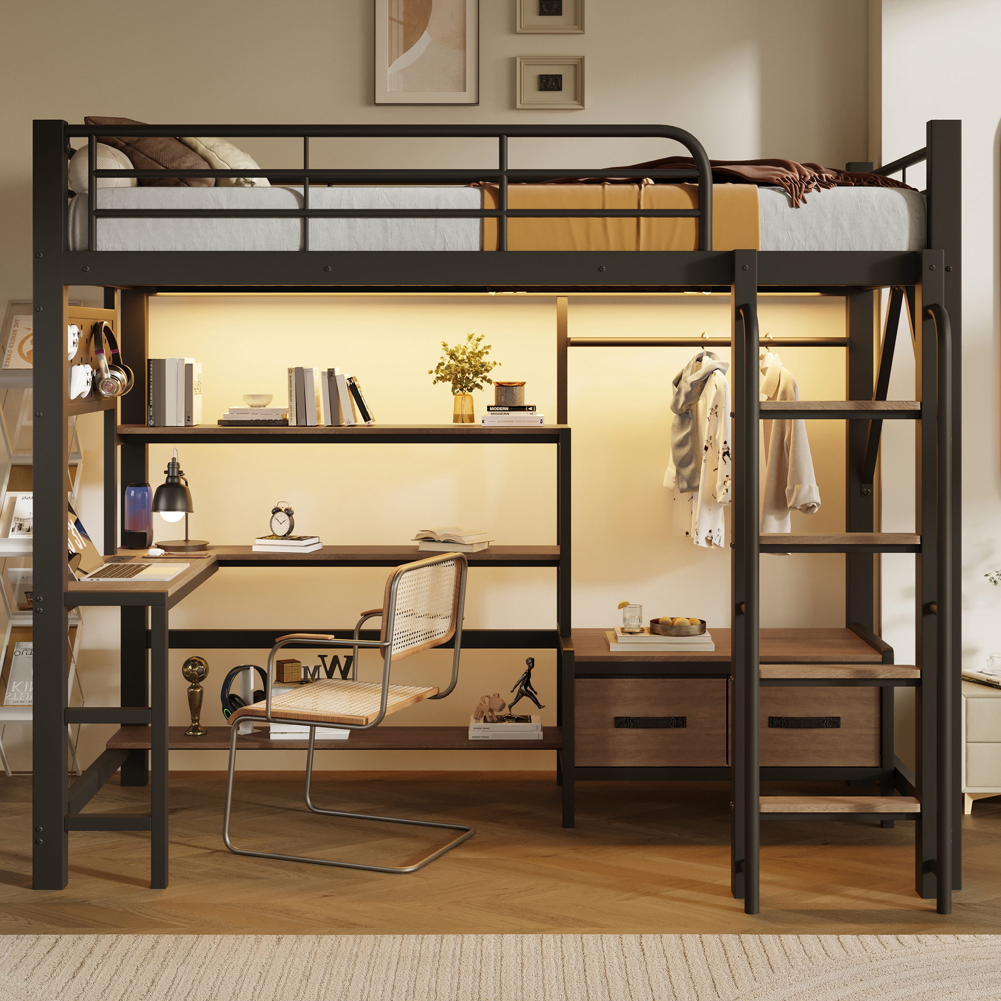 Lit mezzanine 90 x 200 cm avec éclairage LED, port USB / Type-C, prises intégrées, rangements intégrés, bureau intégré, noir - présentation 1