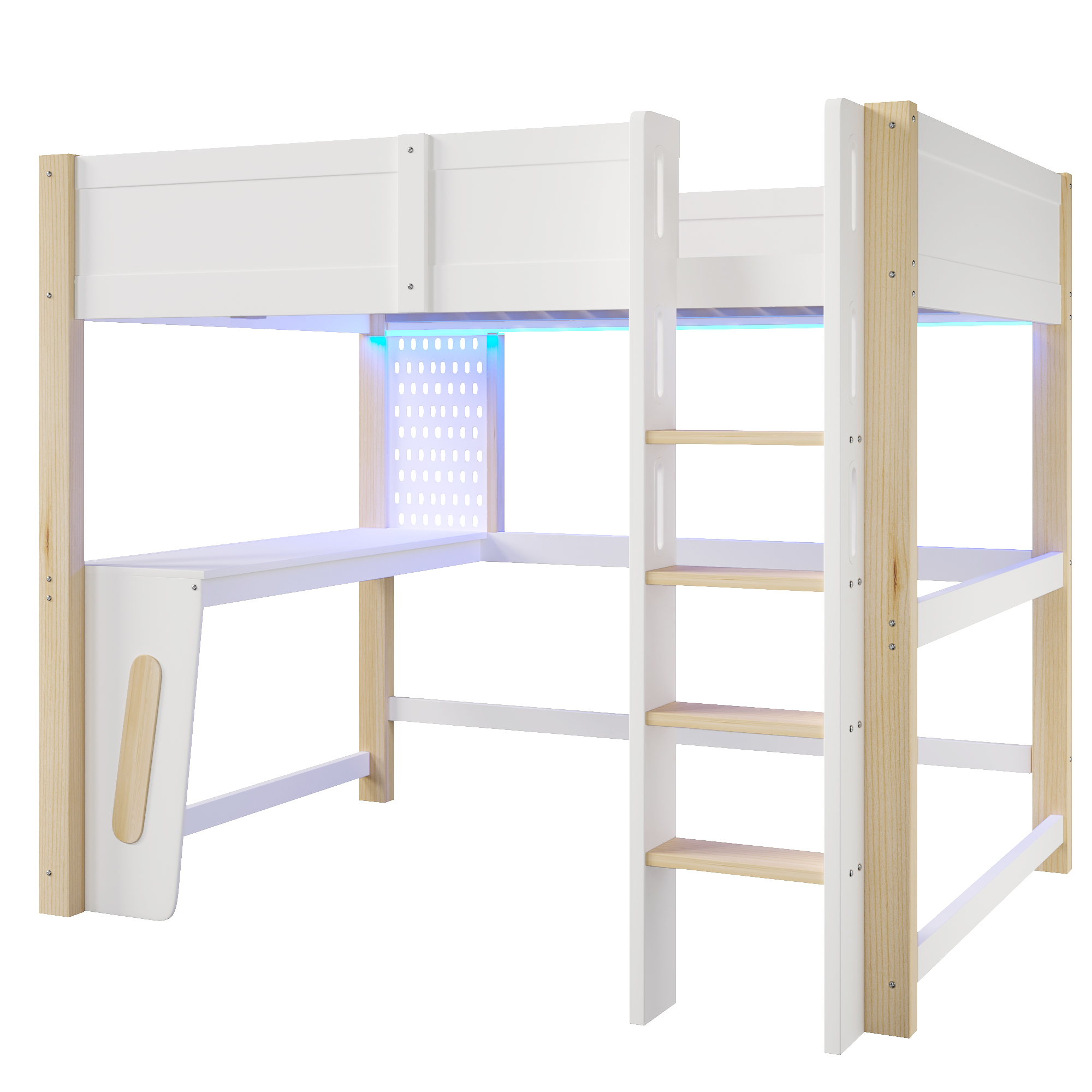Lit mezzanine 140 x 200 cm avec bureau, LED, MDF et pin, Bois naturel - vue complémentaire